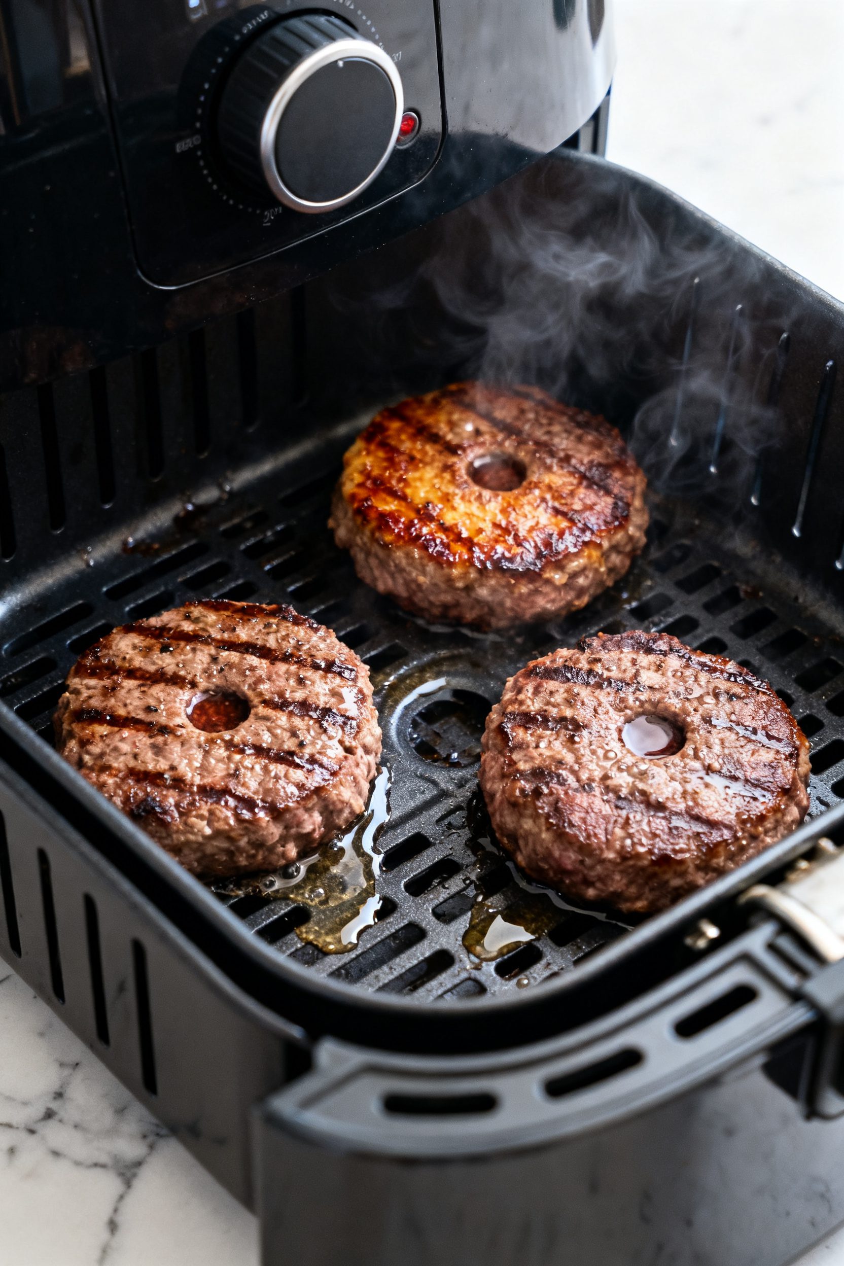Cooking process close-up: Air fryer basket pulled open mid-cook at 375°F showing three sizzling 1/2