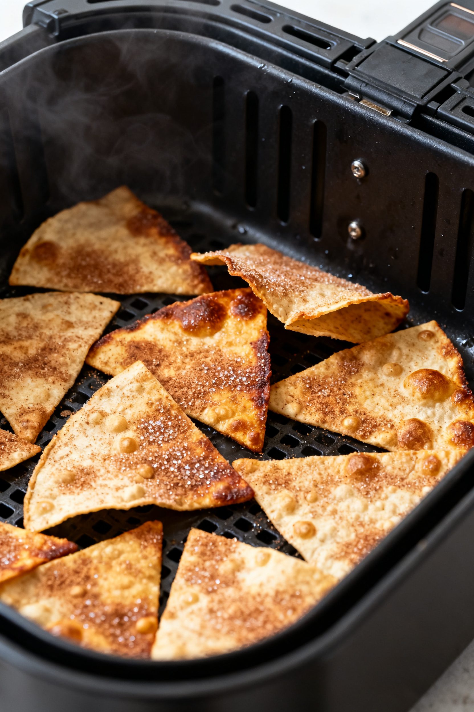 Cooking process close-up: Air fryer basket with a single, uncrowded layer of cinnamon sugar–coated