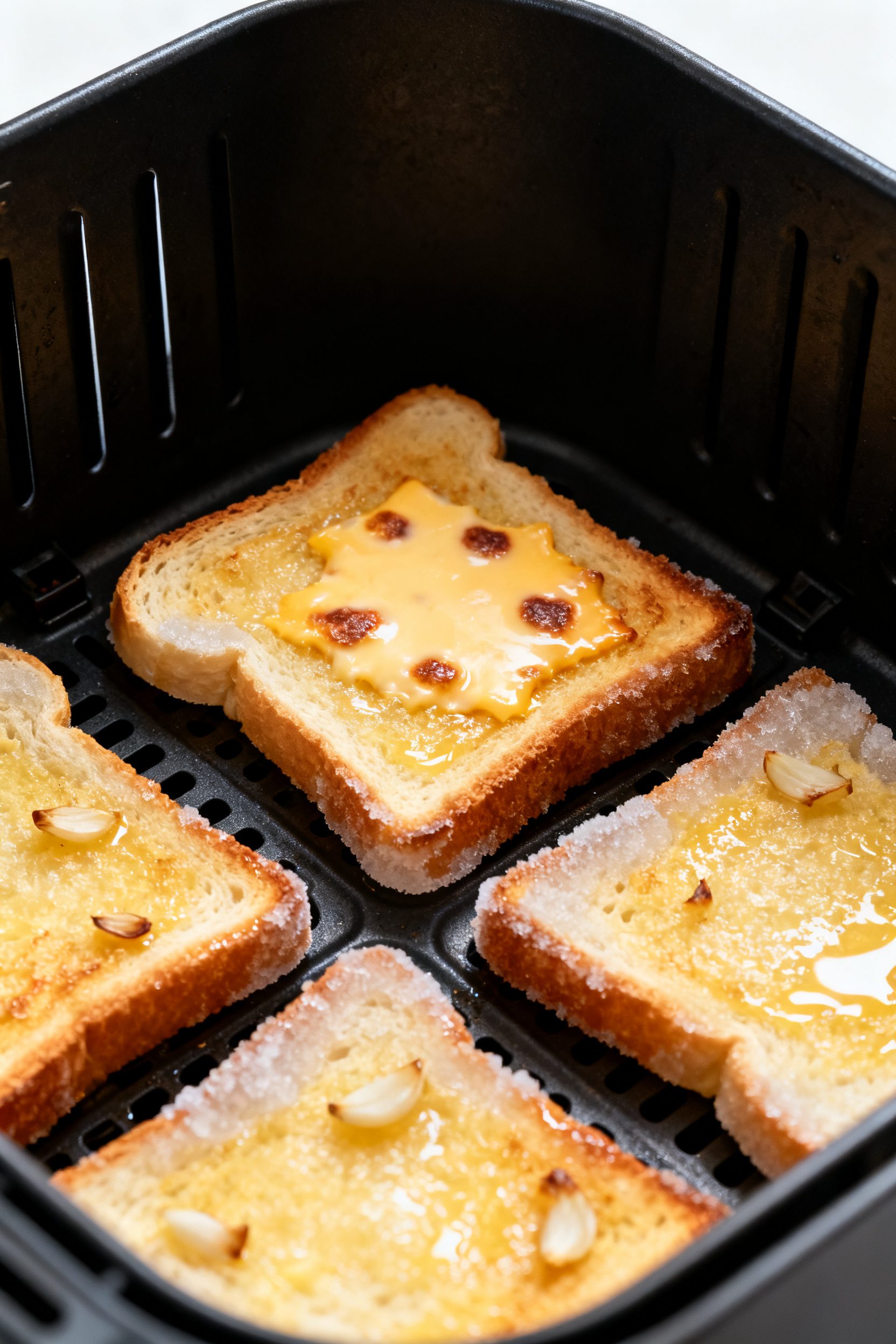 Cooking process close-up: Air fryer basket with a single layer of frozen garlic Texas toast slices m