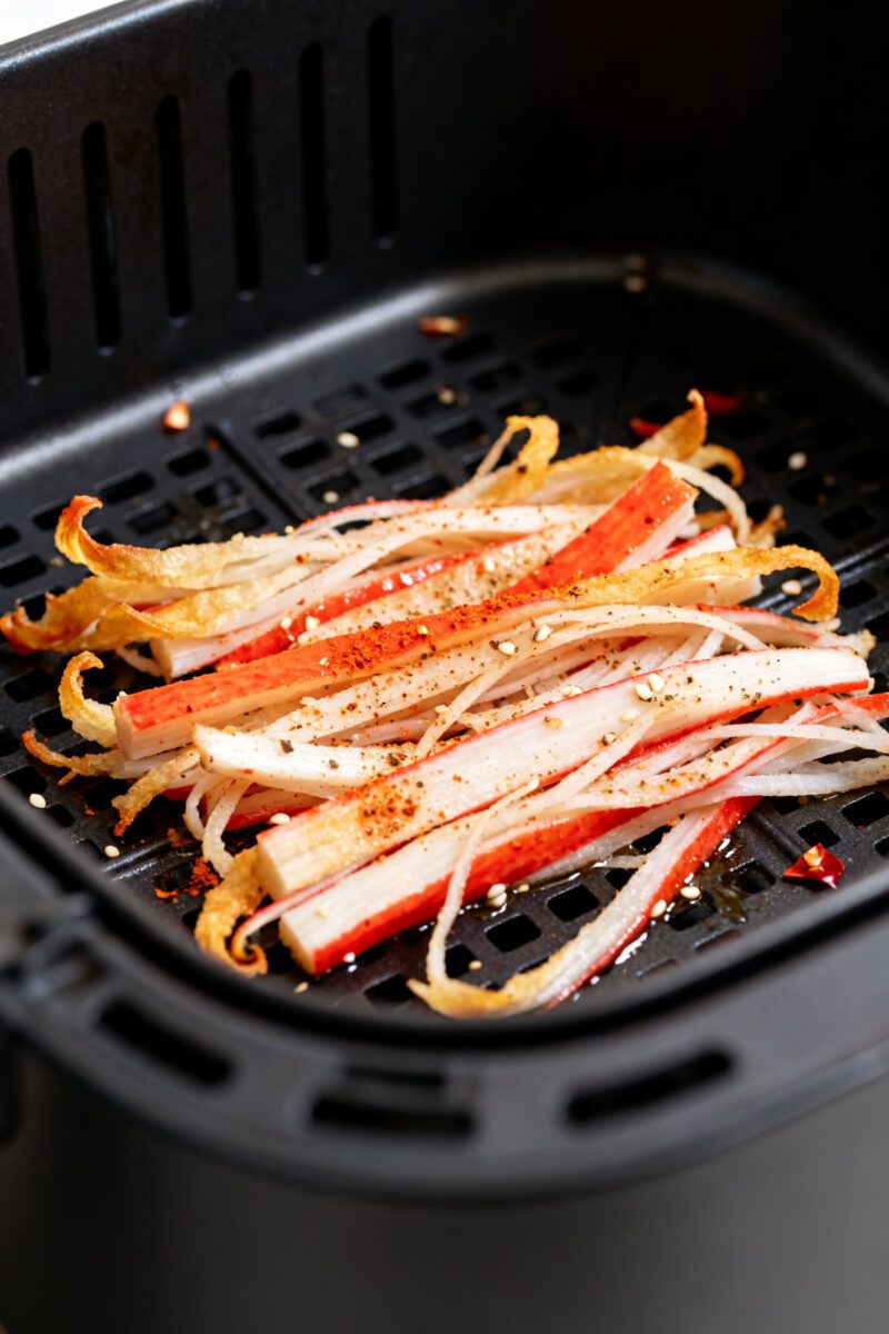 Cooking process close-up: Air fryer basket with a single layer of seasoned, shredded crab stick stri