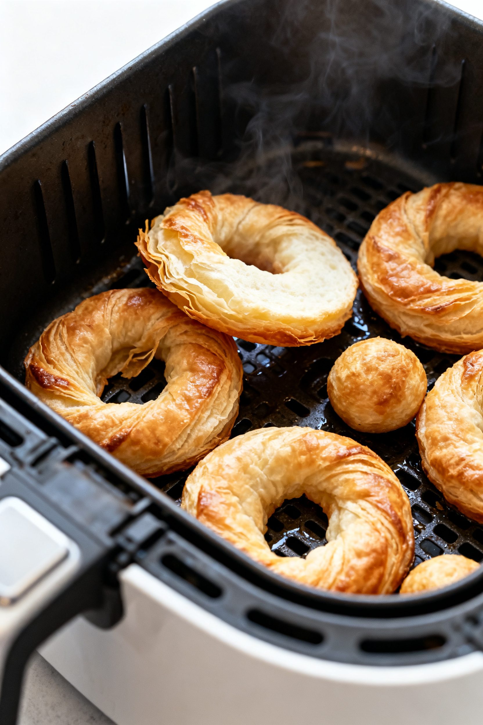 Cooking process close-up: Air-fryer basket with puff pastry donut rings and donut holes midway throu