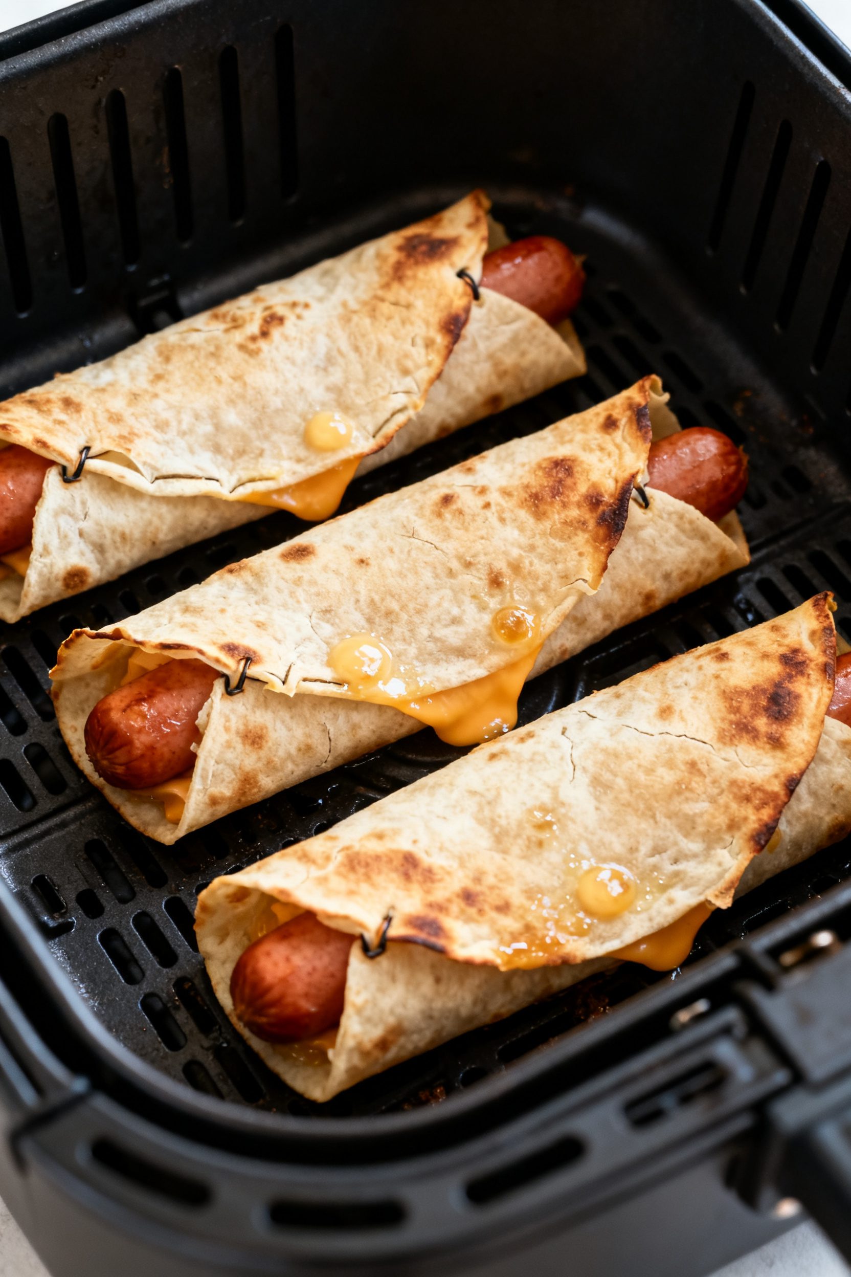 Cooking process, close-up: Air fryer basket with three tortilla-wrapped hot dogs seam-side down midw