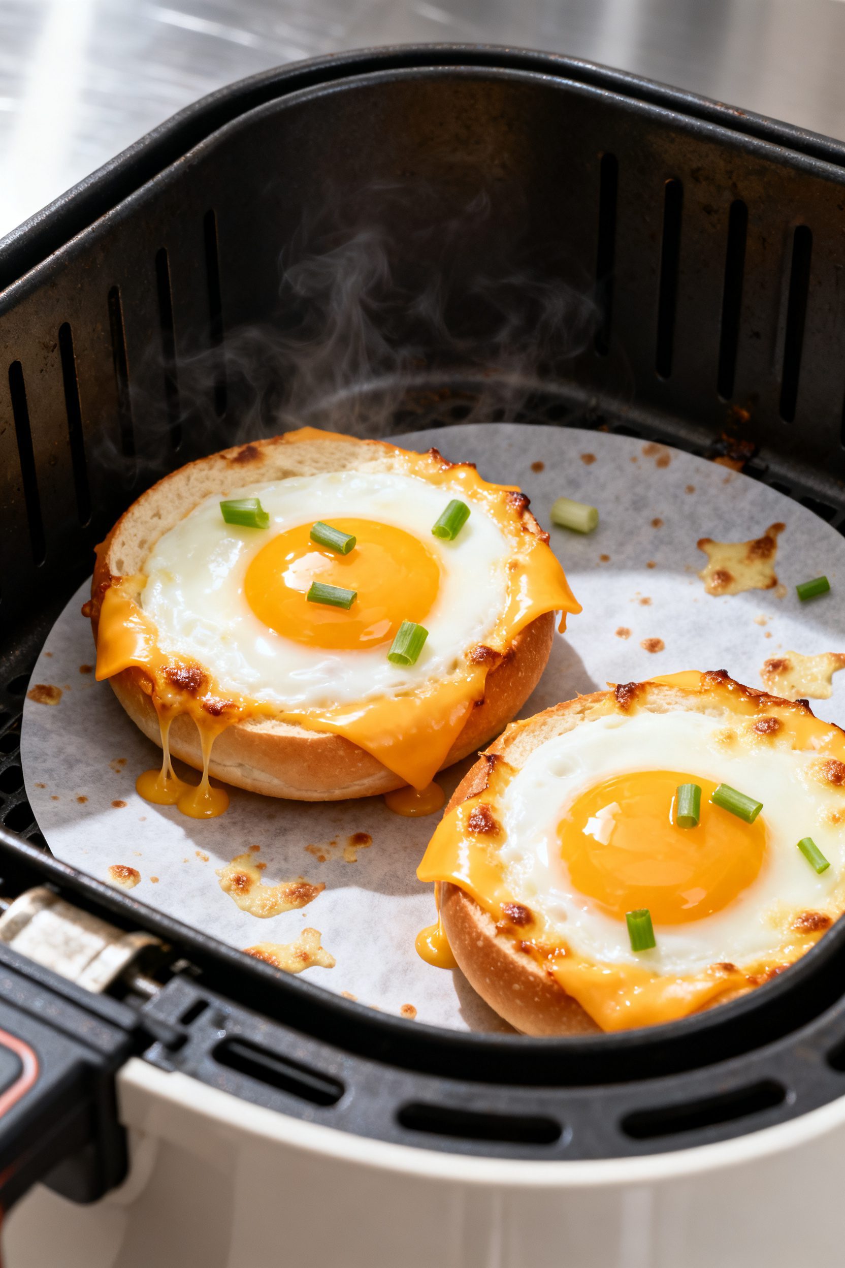 Cooking process close-up: Air fryer basket with two assembled cheesy egg bagel halves mid-cook at 35