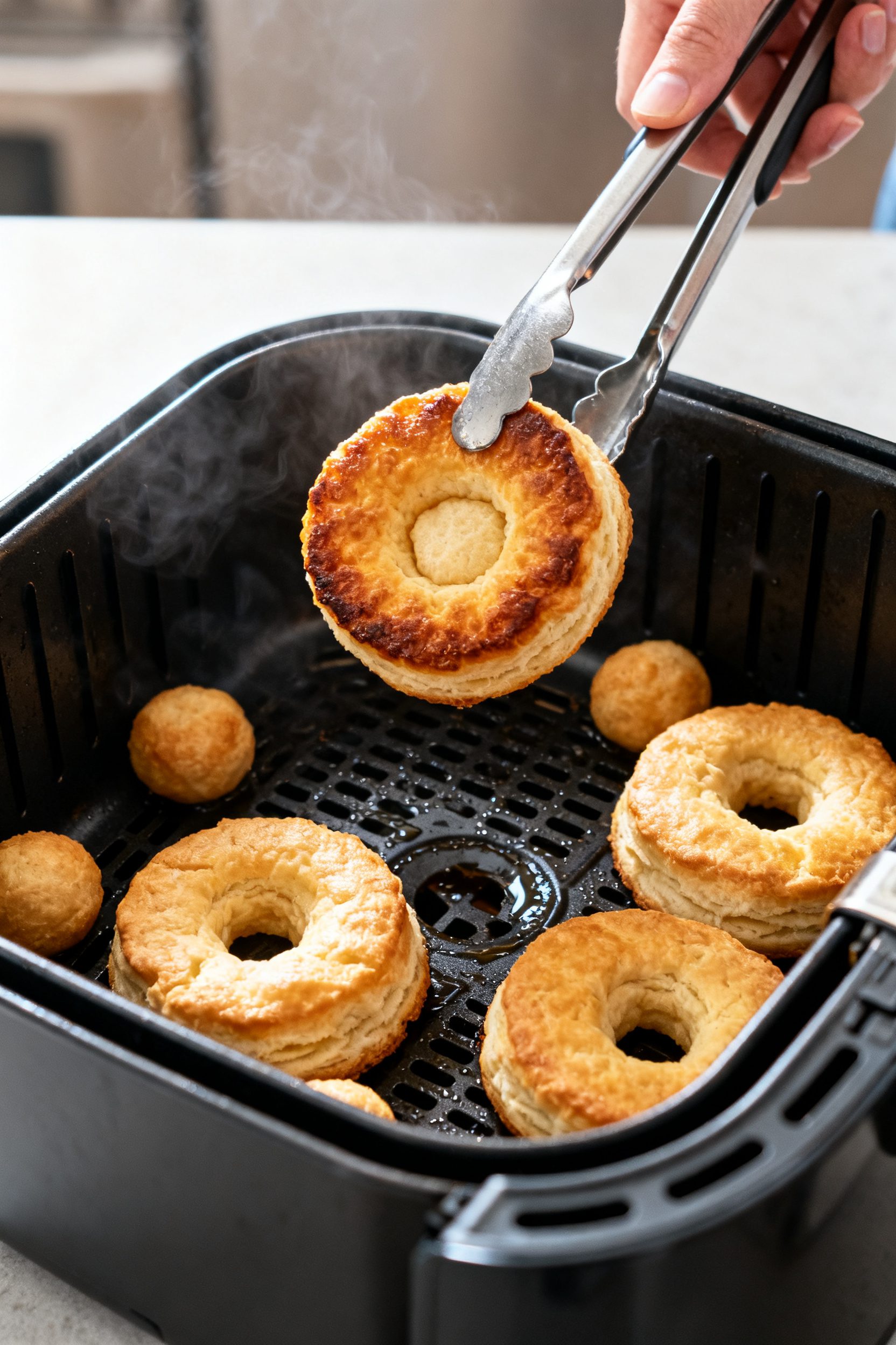 Cooking process close-up: Air fryer biscuit donuts mid-cook at 350°F, viewed through an open basket