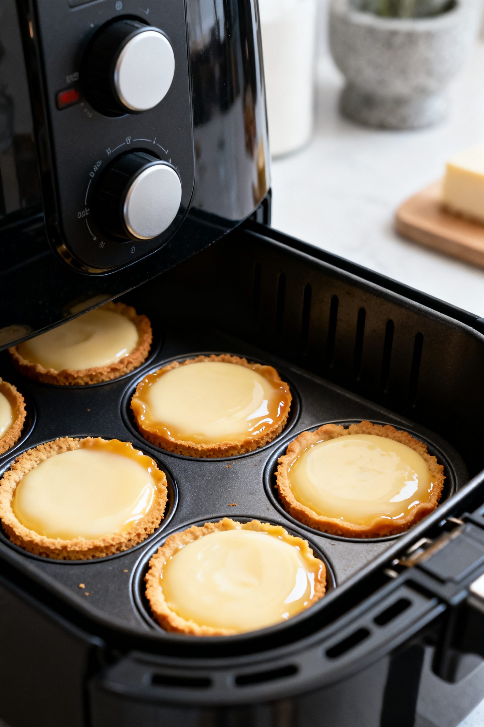Cooking process close-up: Air fryer mini cheesecakes baking in a silicone-lined muffin pan inside an