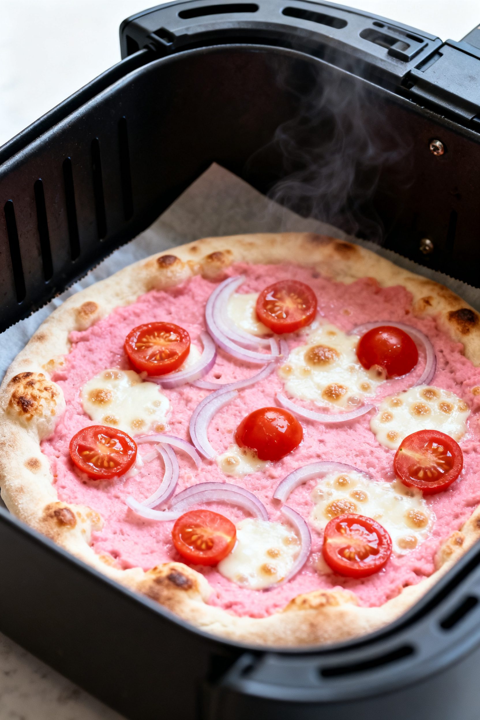 Cooking process, close-up: Air Fryer Pink Pizza mid-cook inside an open air fryer basket at 390–40