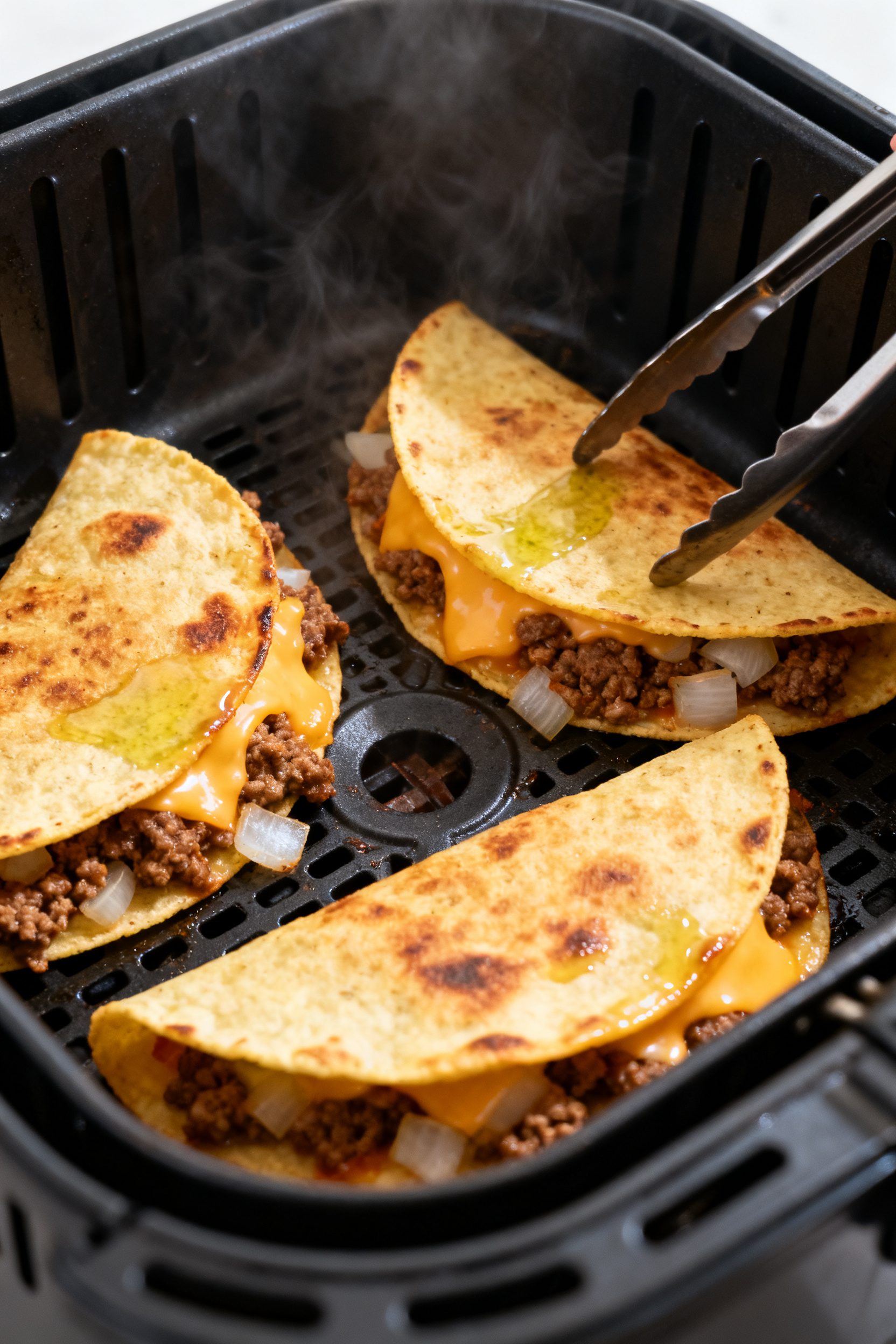 Cooking process close-up: Air fryer tacos mid-cook in a basket at 375°F, golden half-moon tortillas
