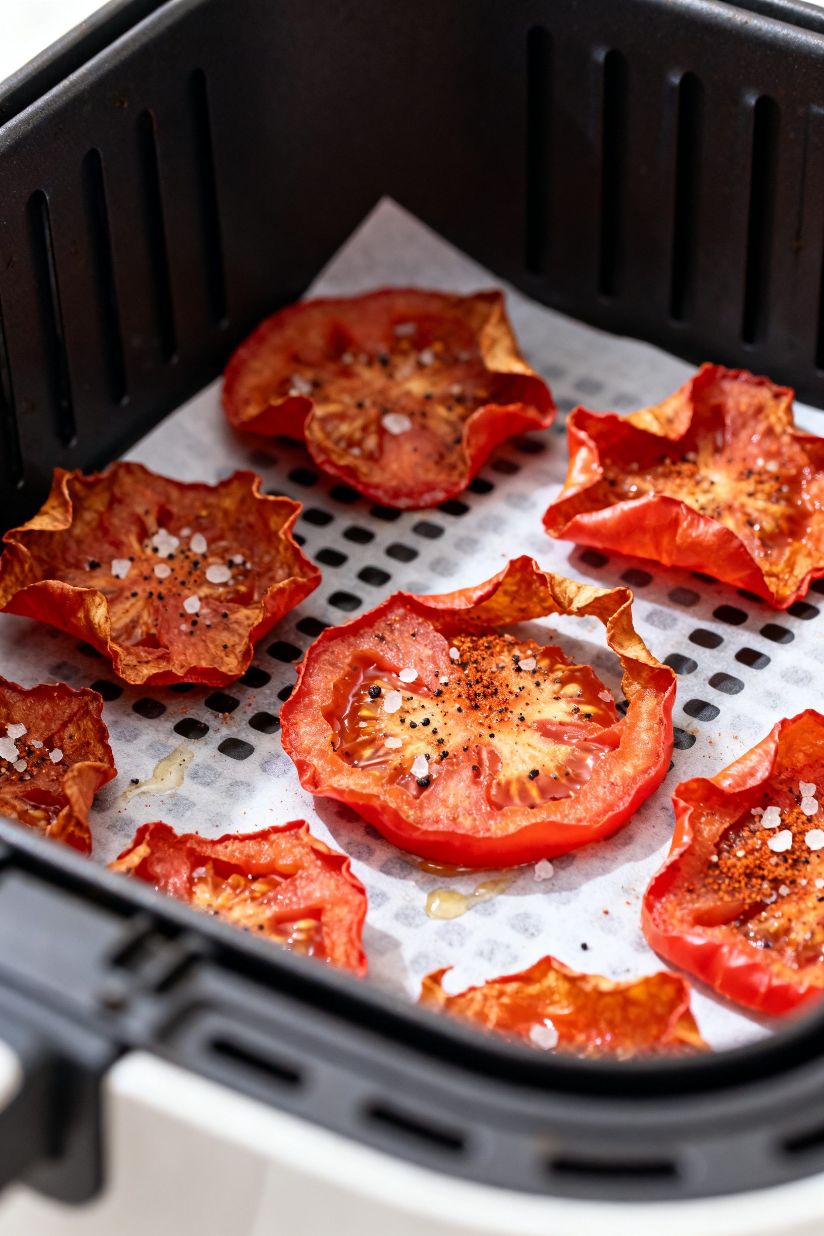 Cooking process close-up: Air fryer tomato chips midway through cooking, thin 1/8-inch Roma slices a