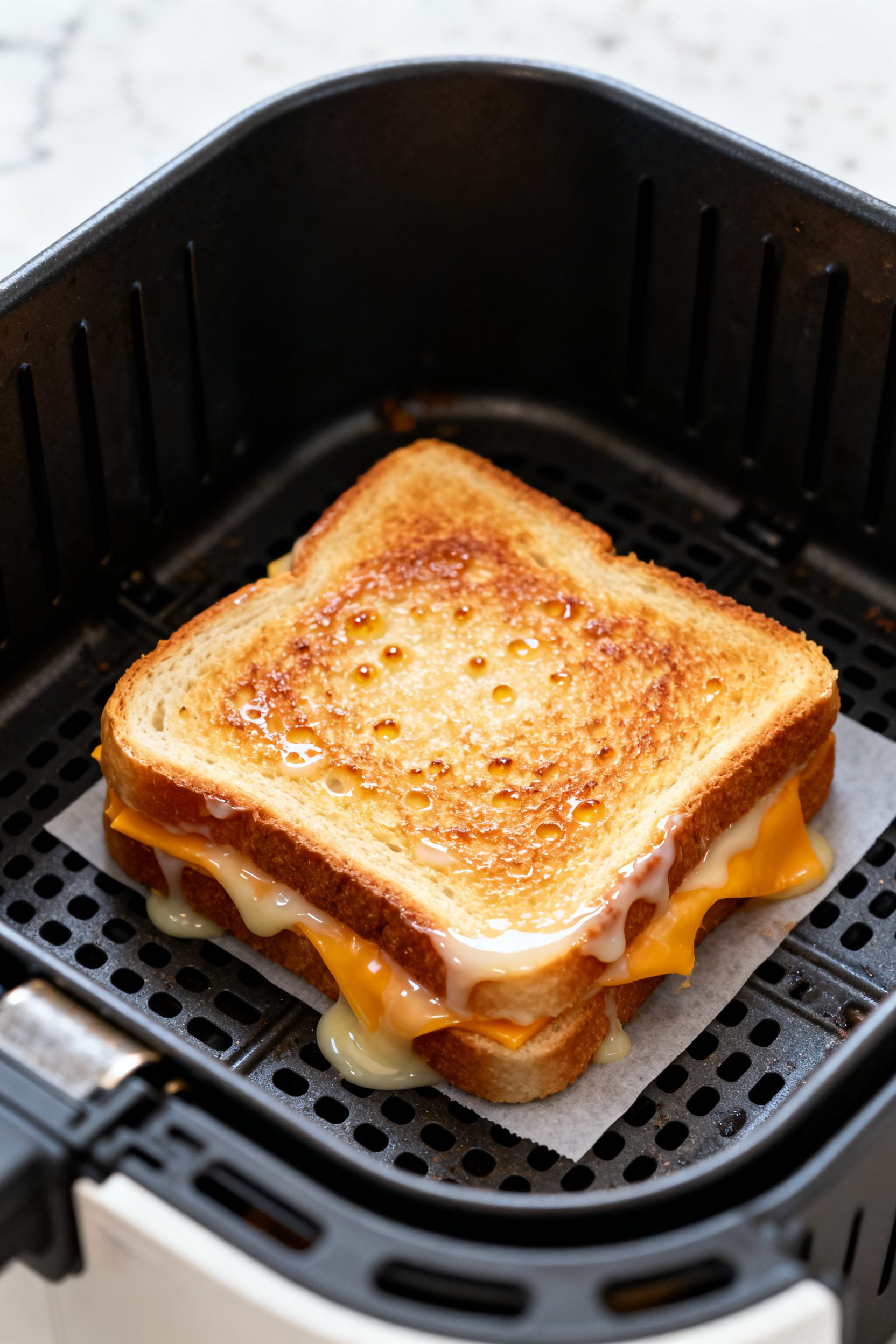 Cooking process close-up: An air fryer basket at 370°F with a single assembled grilled cheese sandw