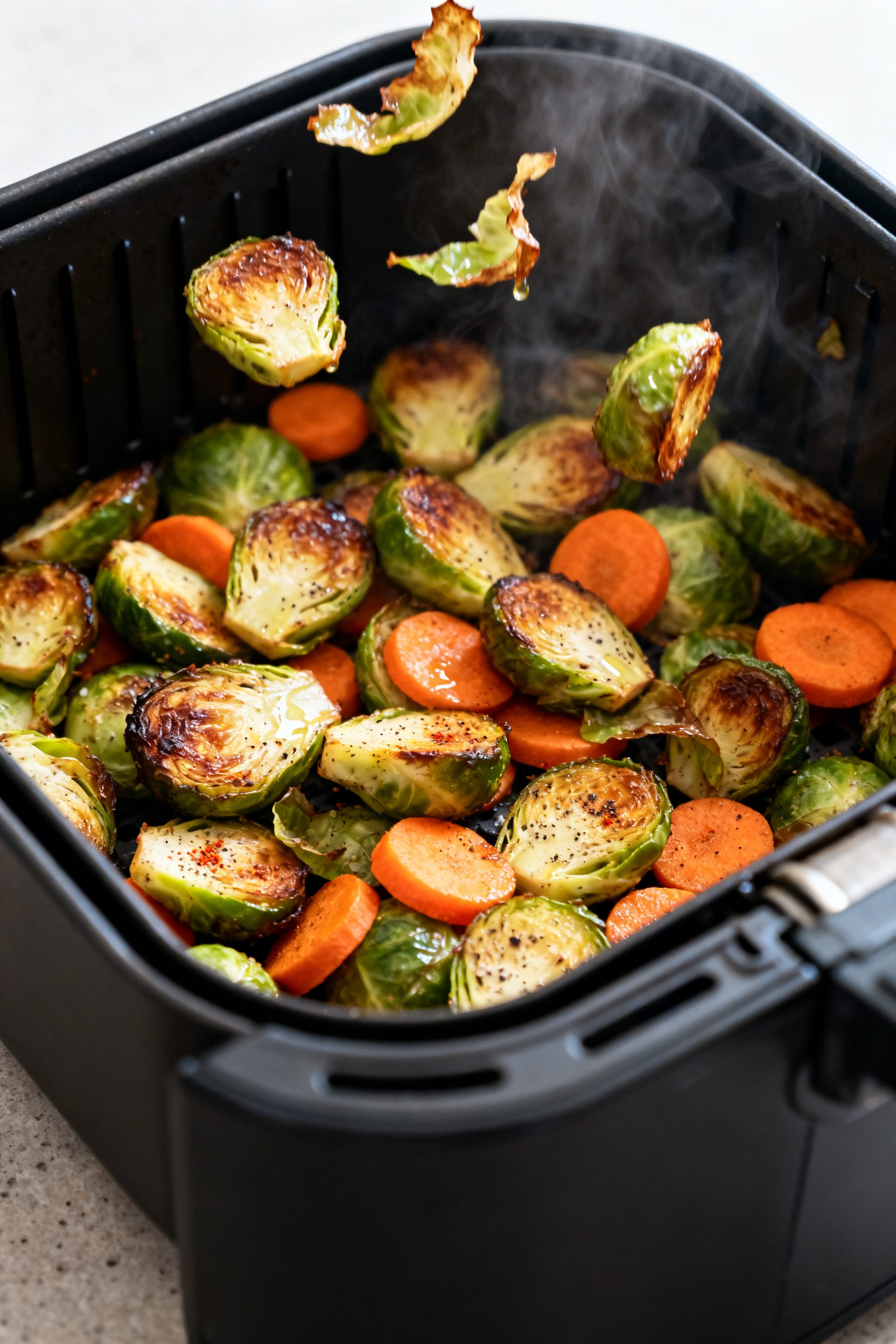 Cooking process, close-up detail: Air fryer basket at 380°F filled with cooked Brussels sprout halv