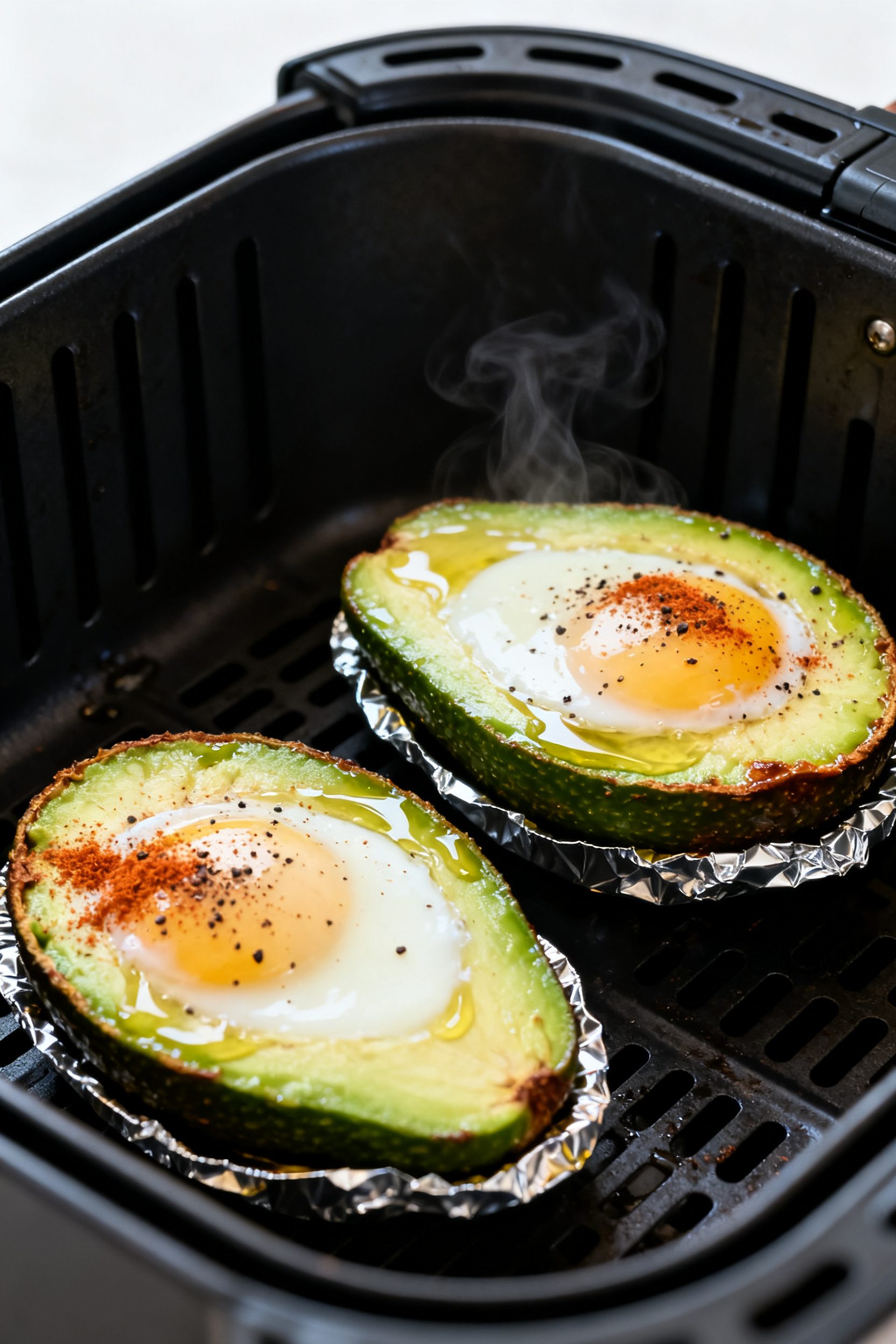 Cooking process, close-up detail: Air fryer basket at 375°F holding two avocado halves cradled on s