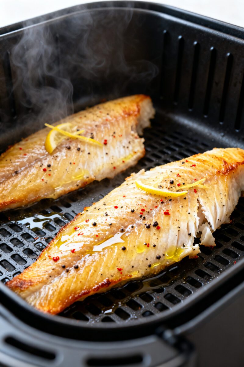 Cooking process, close-up detail: Air fryer basket at 400°F with two golden, cooked tilapia fillets
