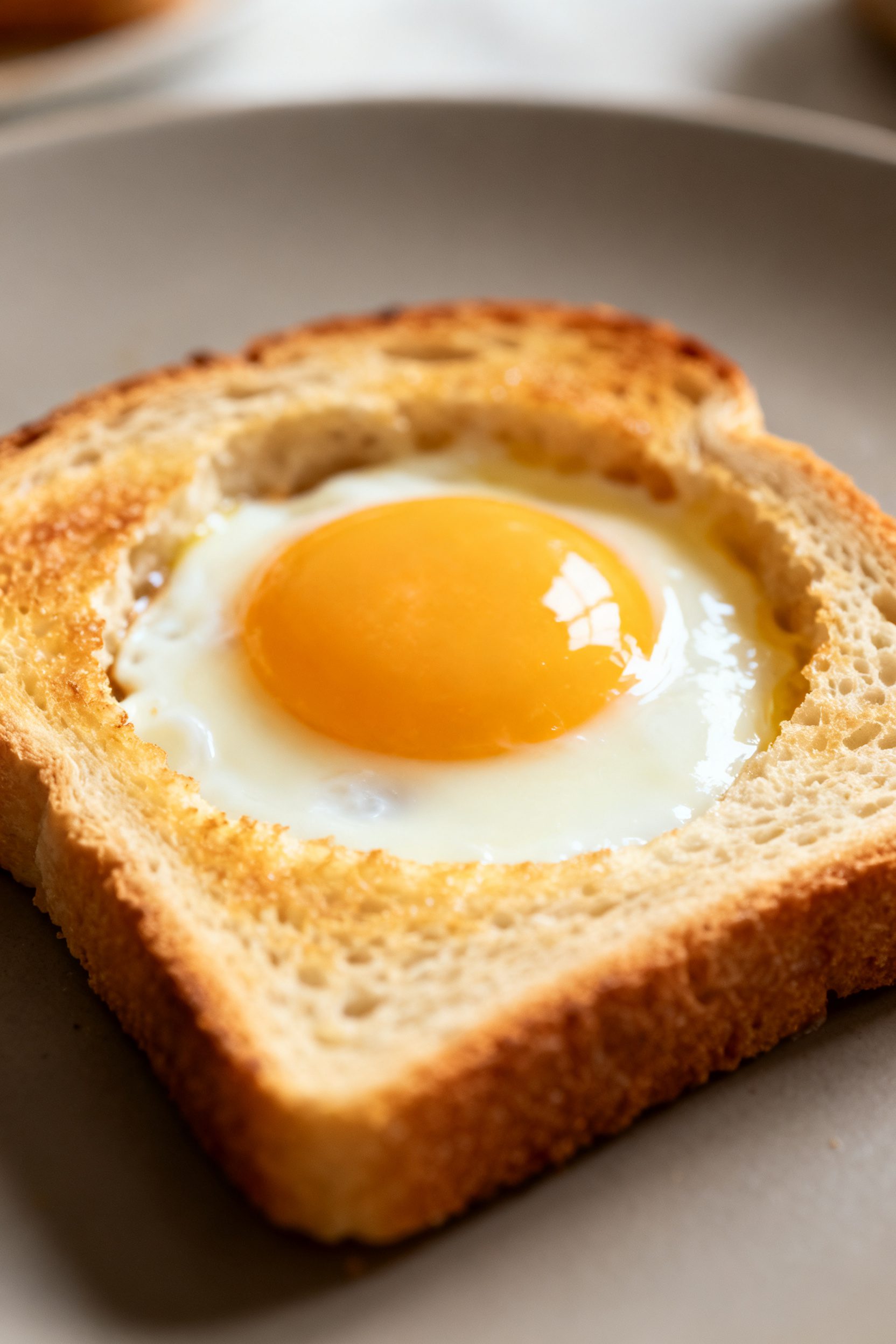Cooking process, close-up detail: Air fryer egg-in-a-hole mid-cook at 350°F—golden, lightly pre-t
