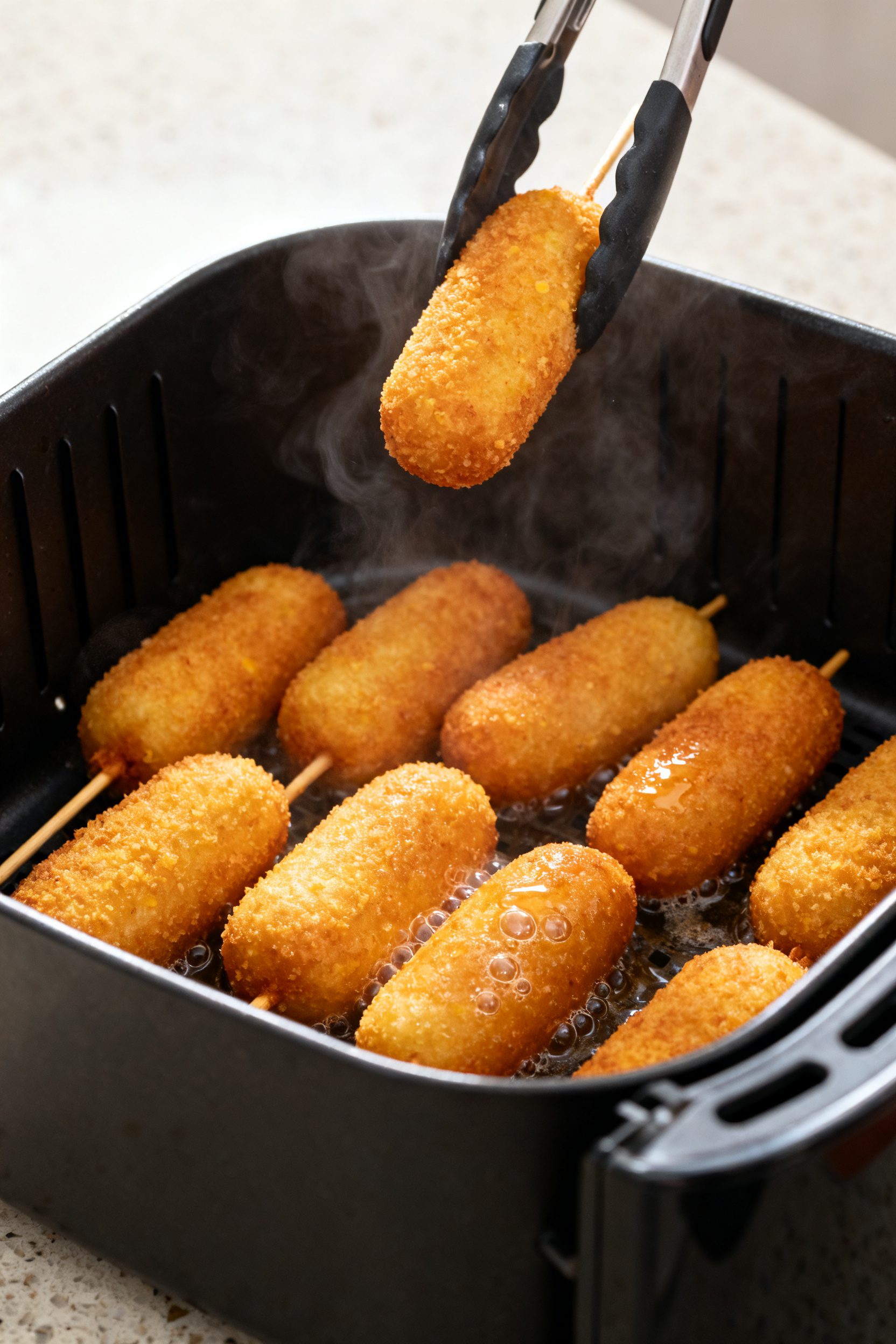 Cooking process, close-up detail: Close-up of golden-brown mini corn dogs sizzling in an air fryer b