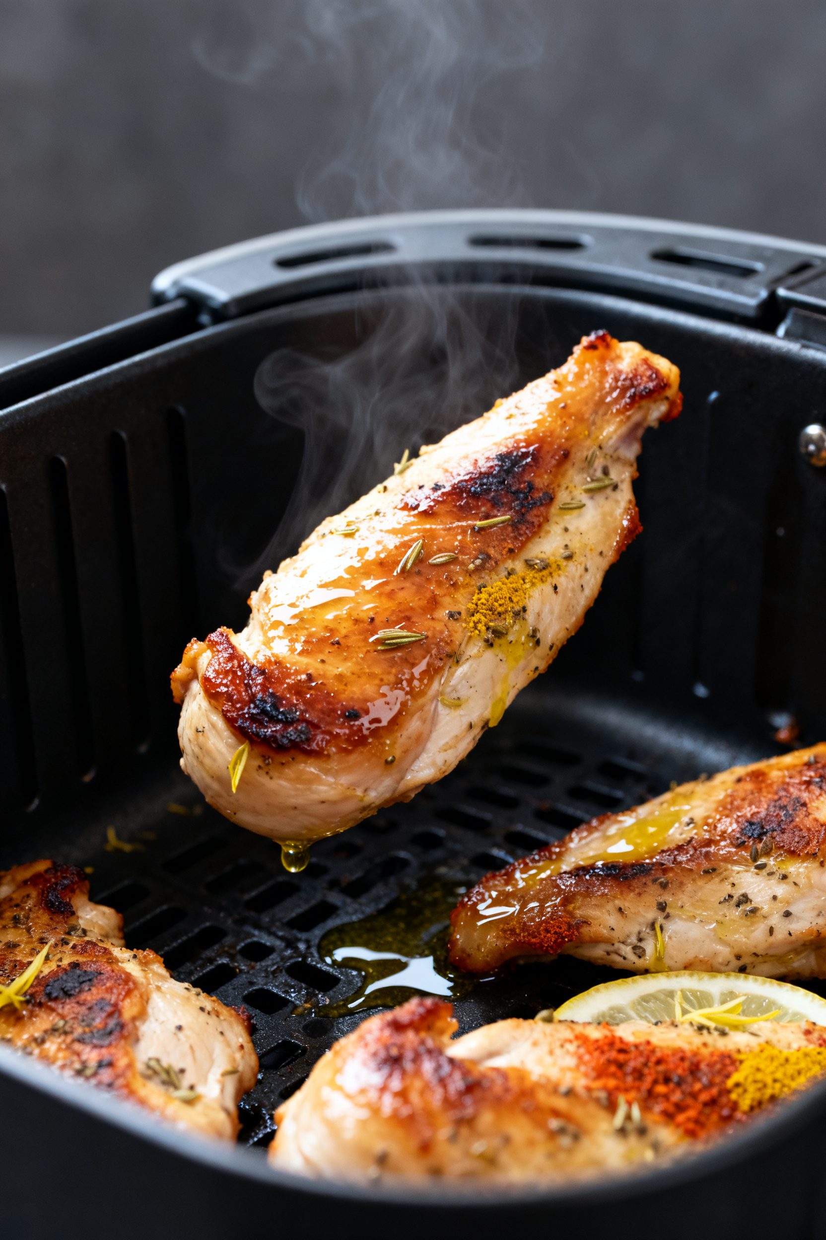 Cooking process, close-up detail: Sizzling air-fried chicken thigh strips just after flipping in the