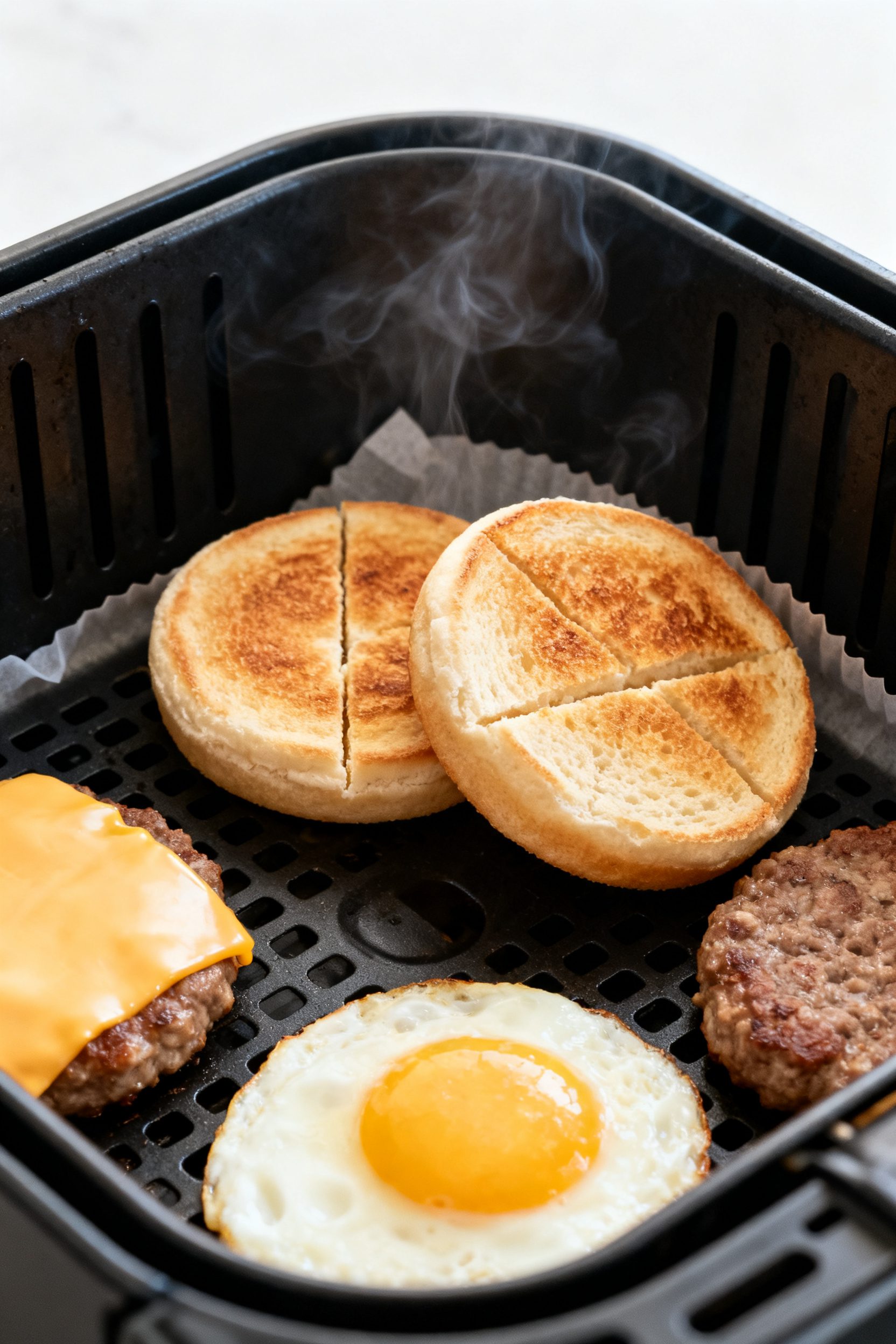 Cooking process close-up: Frozen breakfast sandwich split into components inside an air fryer basket