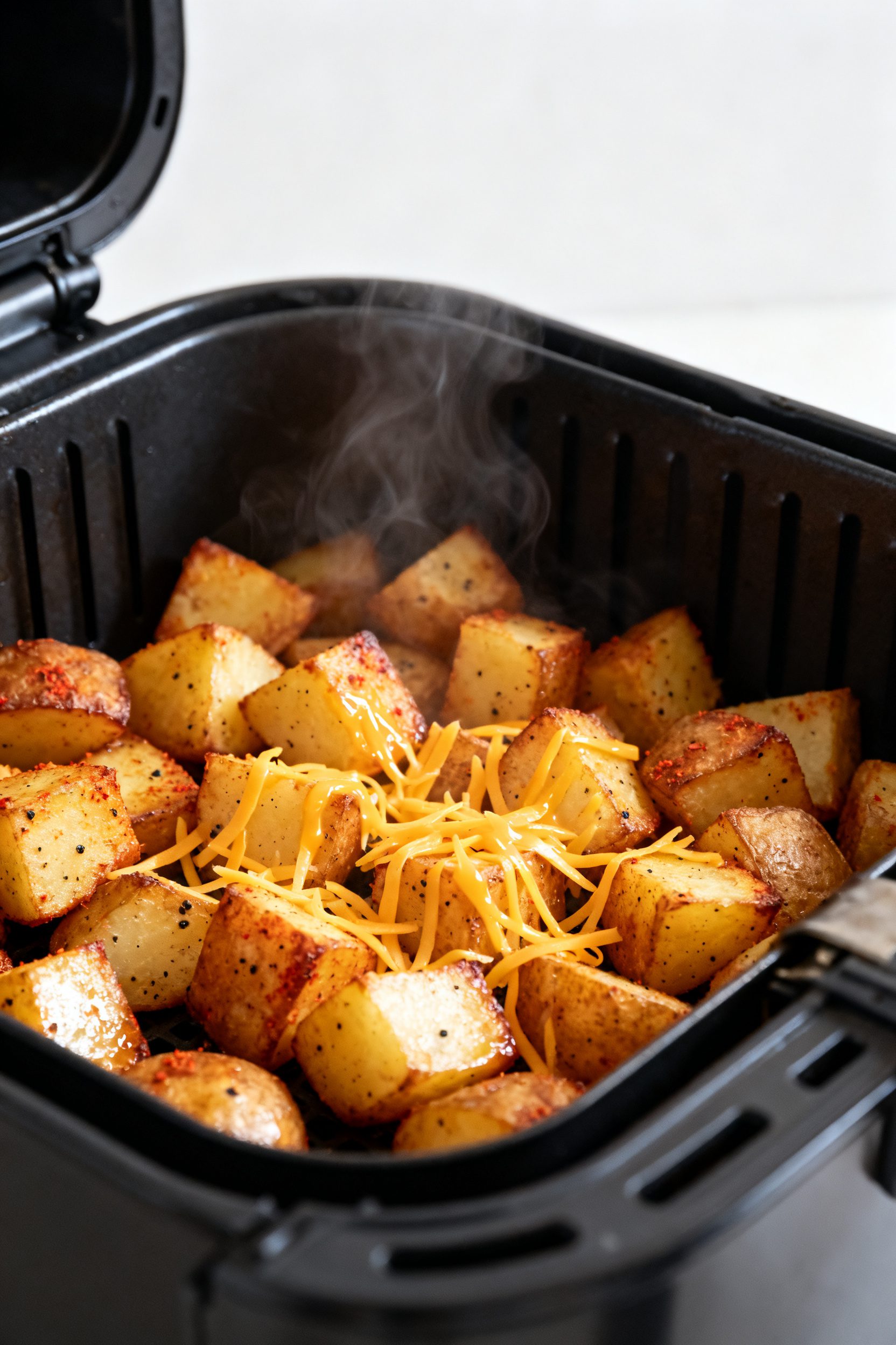 Cooking process close-up: Golden-brown air-fried potato cubes sizzling in an open air fryer basket a