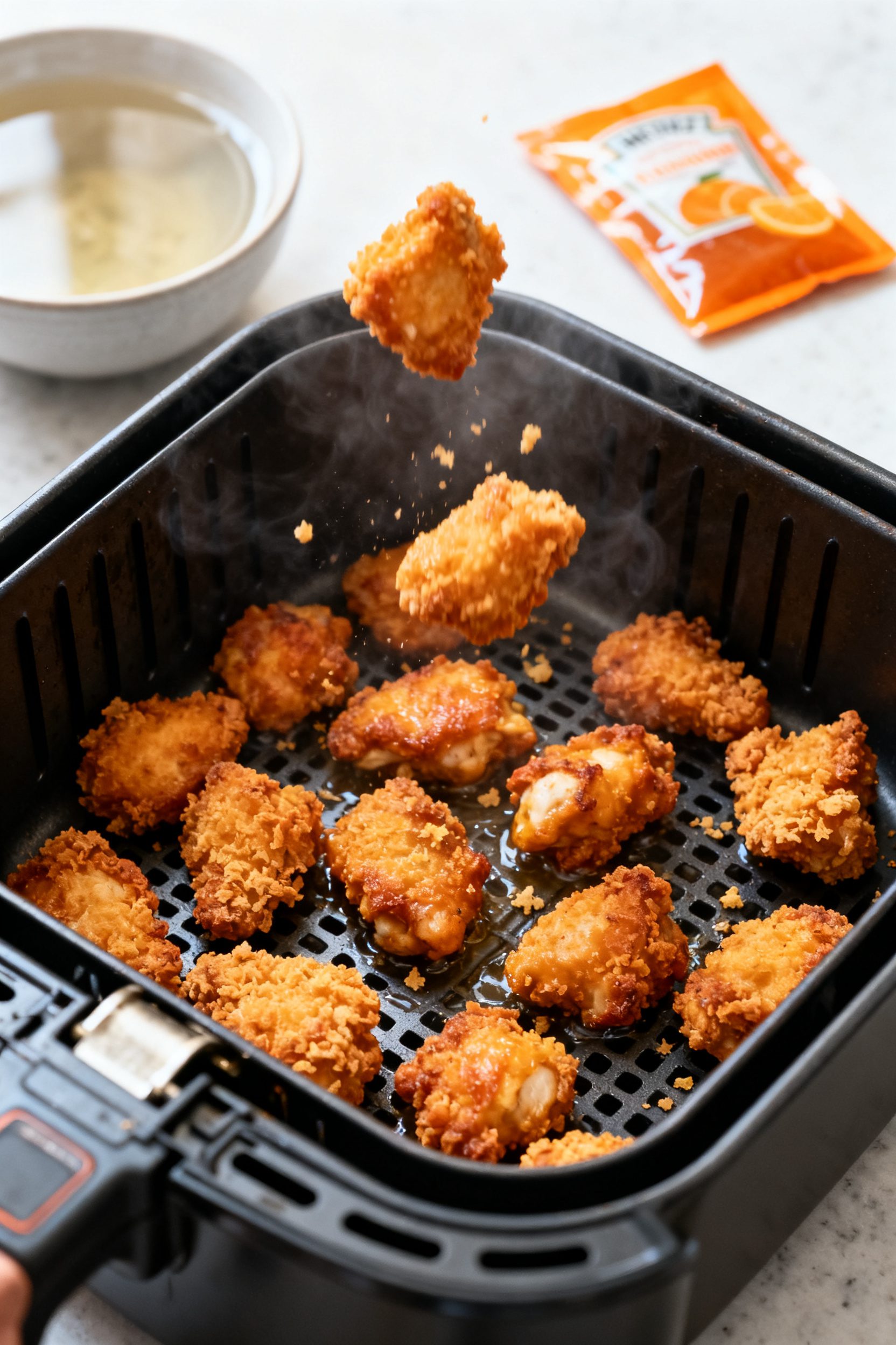 Cooking process close-up: Golden-brown mandarin orange chicken pieces sizzling in an open air fryer 