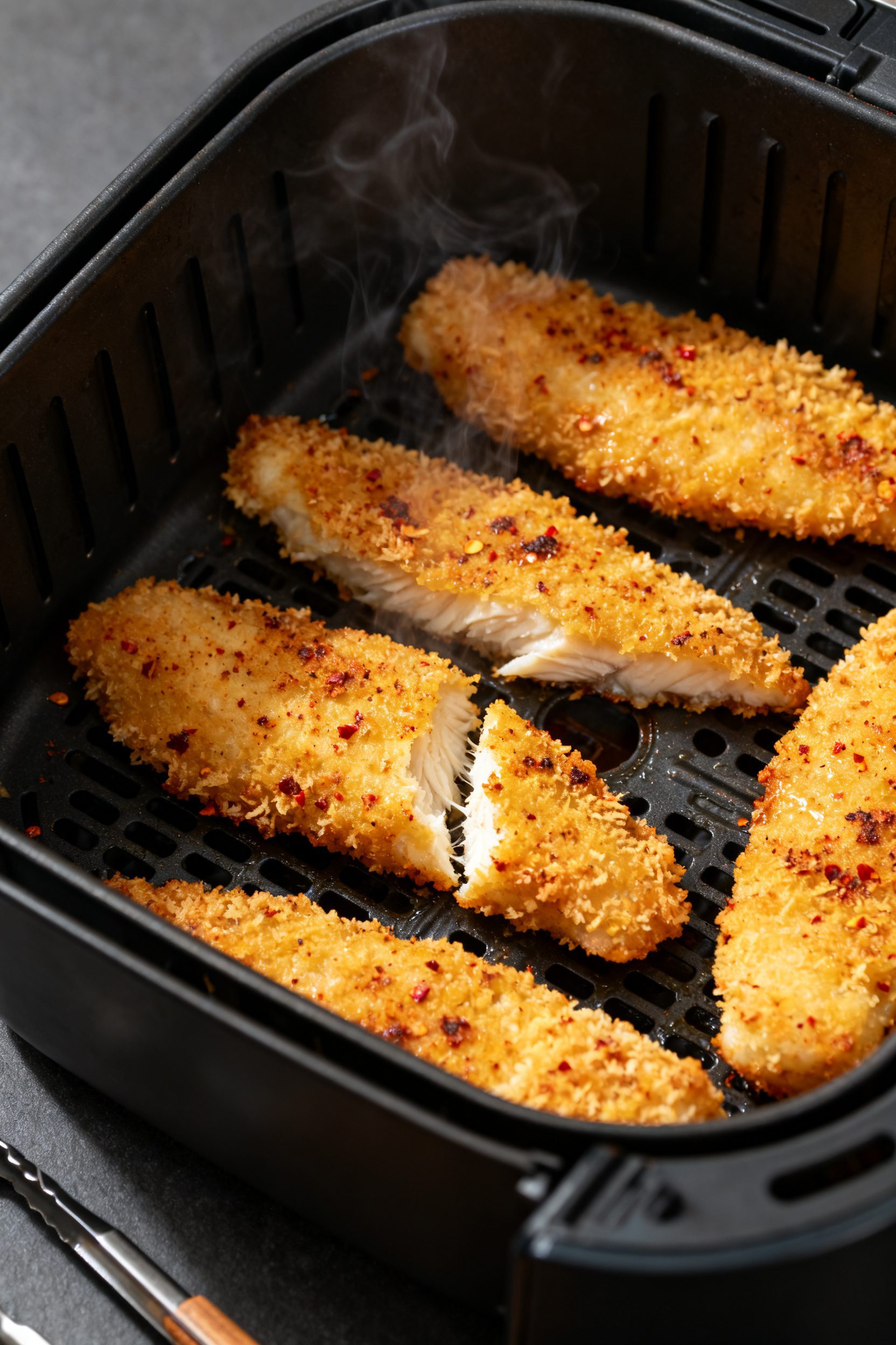 Cooking process, close-up: Golden-crusted fish strips just out of the air fryer basket at 400°F, cr
