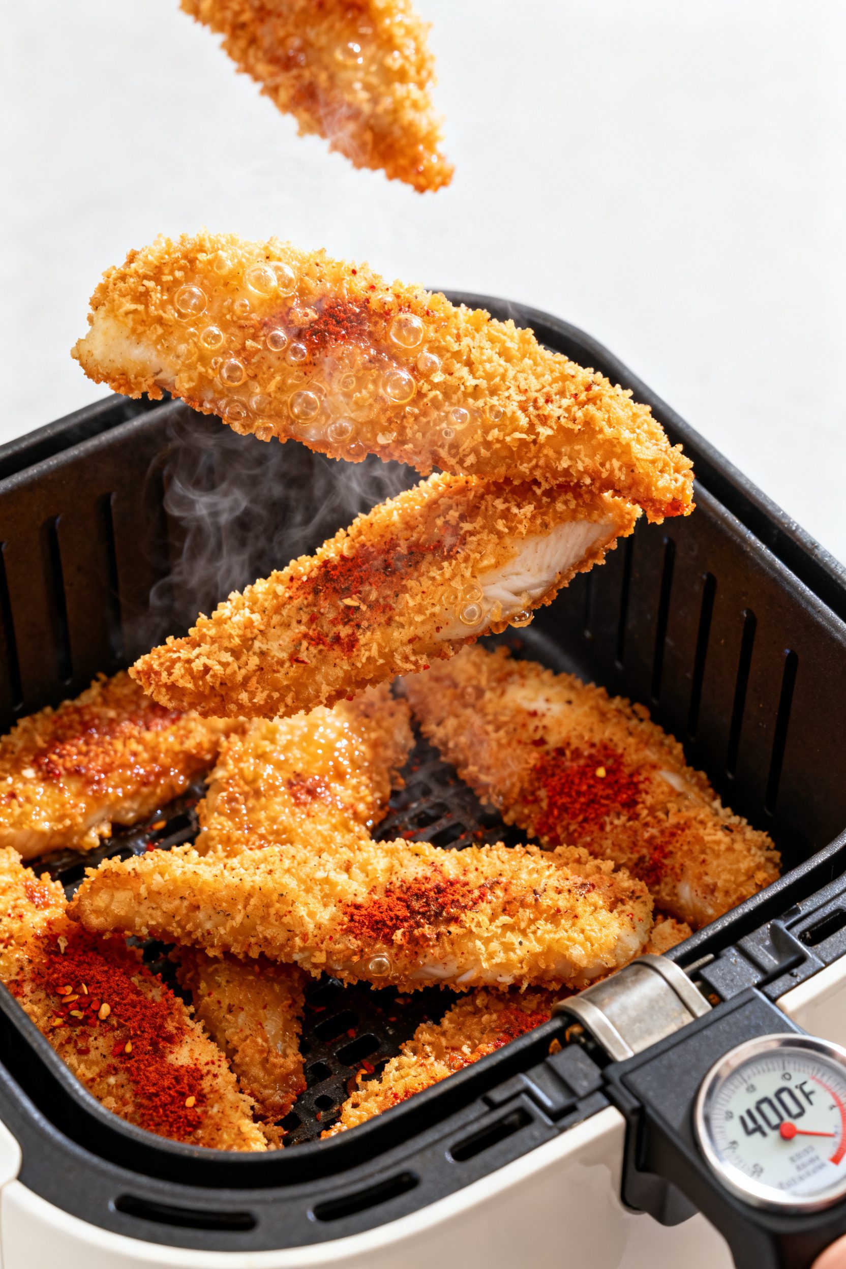 Cooking process close-up: Golden, panko-crusted fish strips sizzling in an air fryer basket at the f