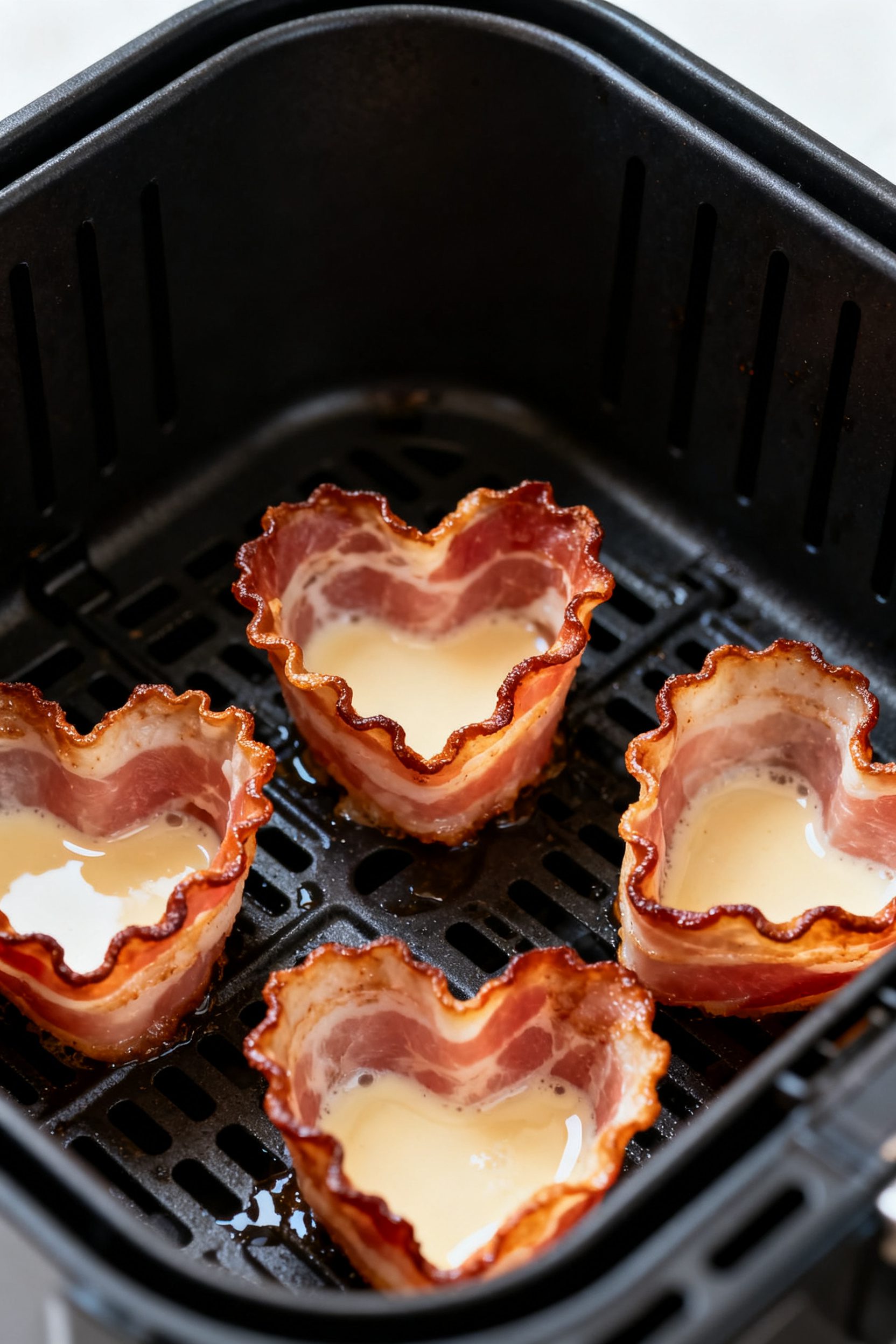 Cooking process close-up: Heart-shaped bacon cups par-cooking in an air fryer basket, bacon rendered