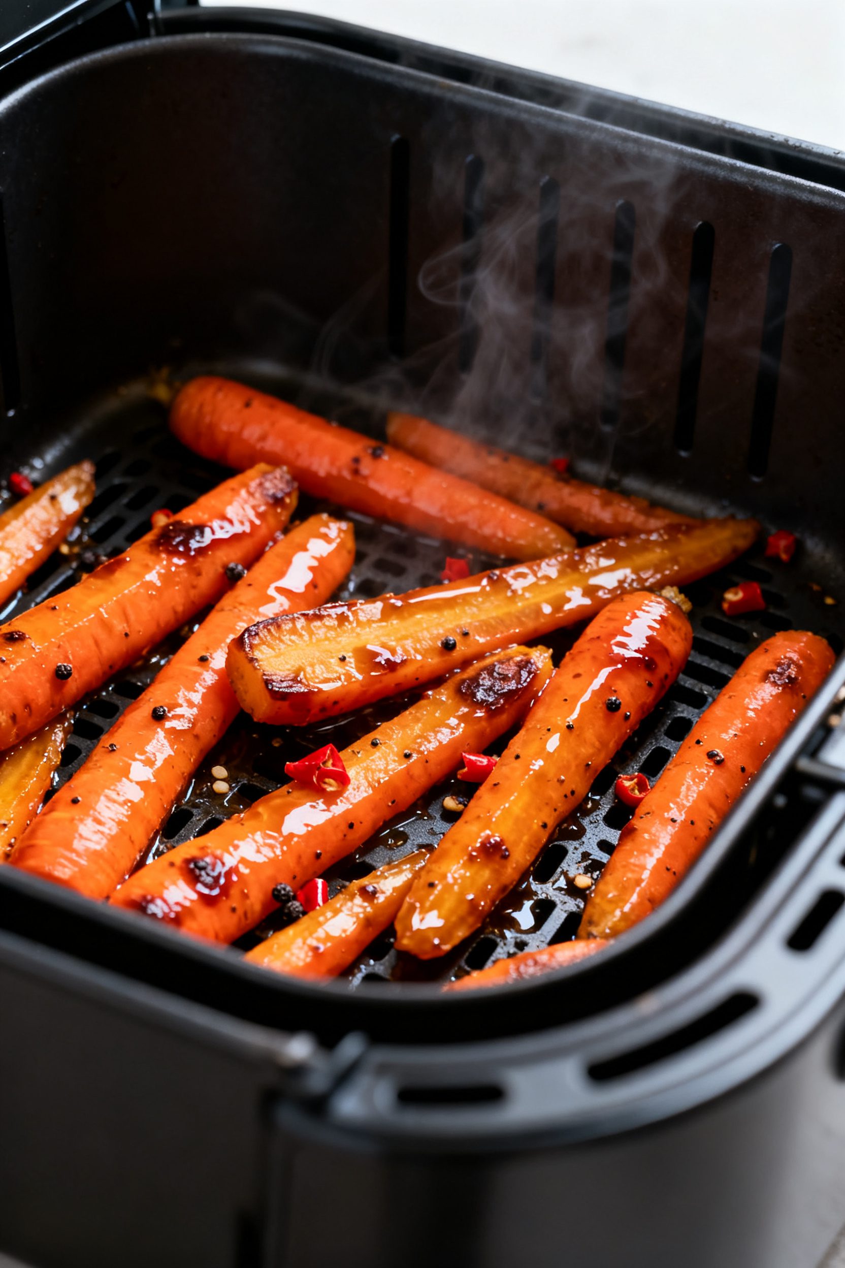 Cooking process, close-up: Honey-balsamic glazed carrot sticks sizzling in a preheated air fryer bas