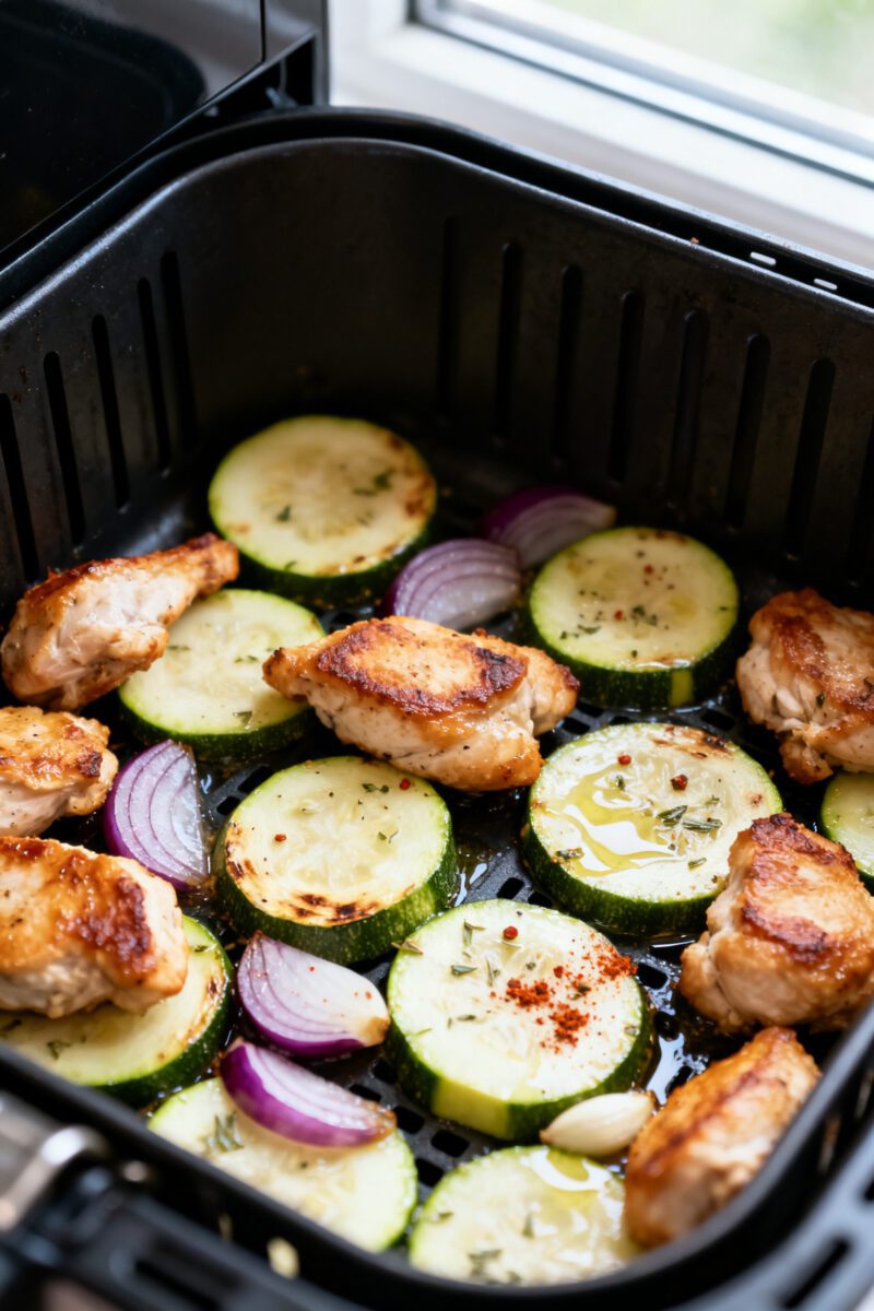 Cooking process, close-up: Juicy air-fried chicken bites and zucchini half-moons sizzling in an open