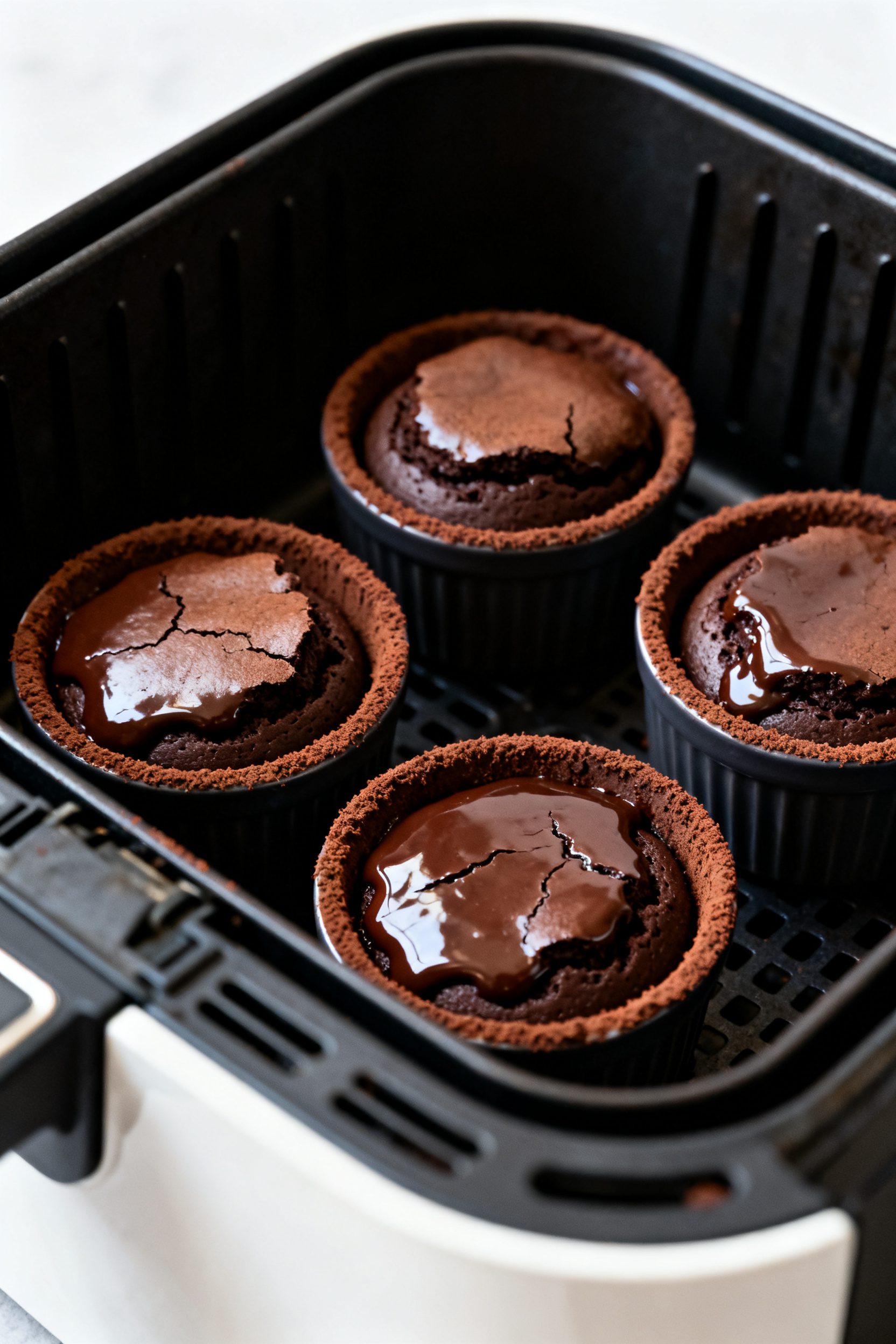Cooking process close-up: Ramekins inside an air fryer basket at 375°F, each filled three-quarters