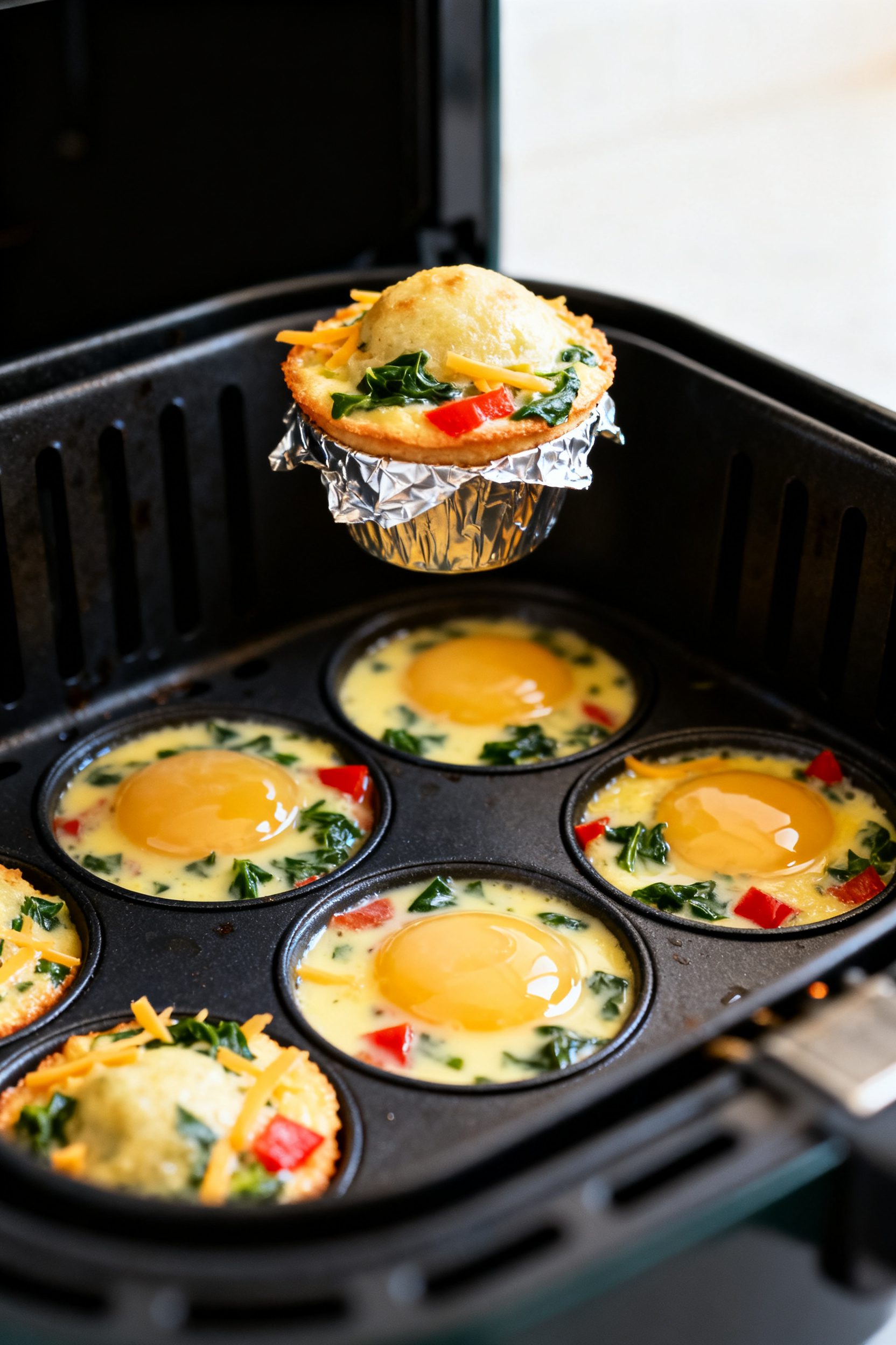 Cooking process close-up: Silicone egg bite mold set in an air fryer basket at 300°F, cups filled 3