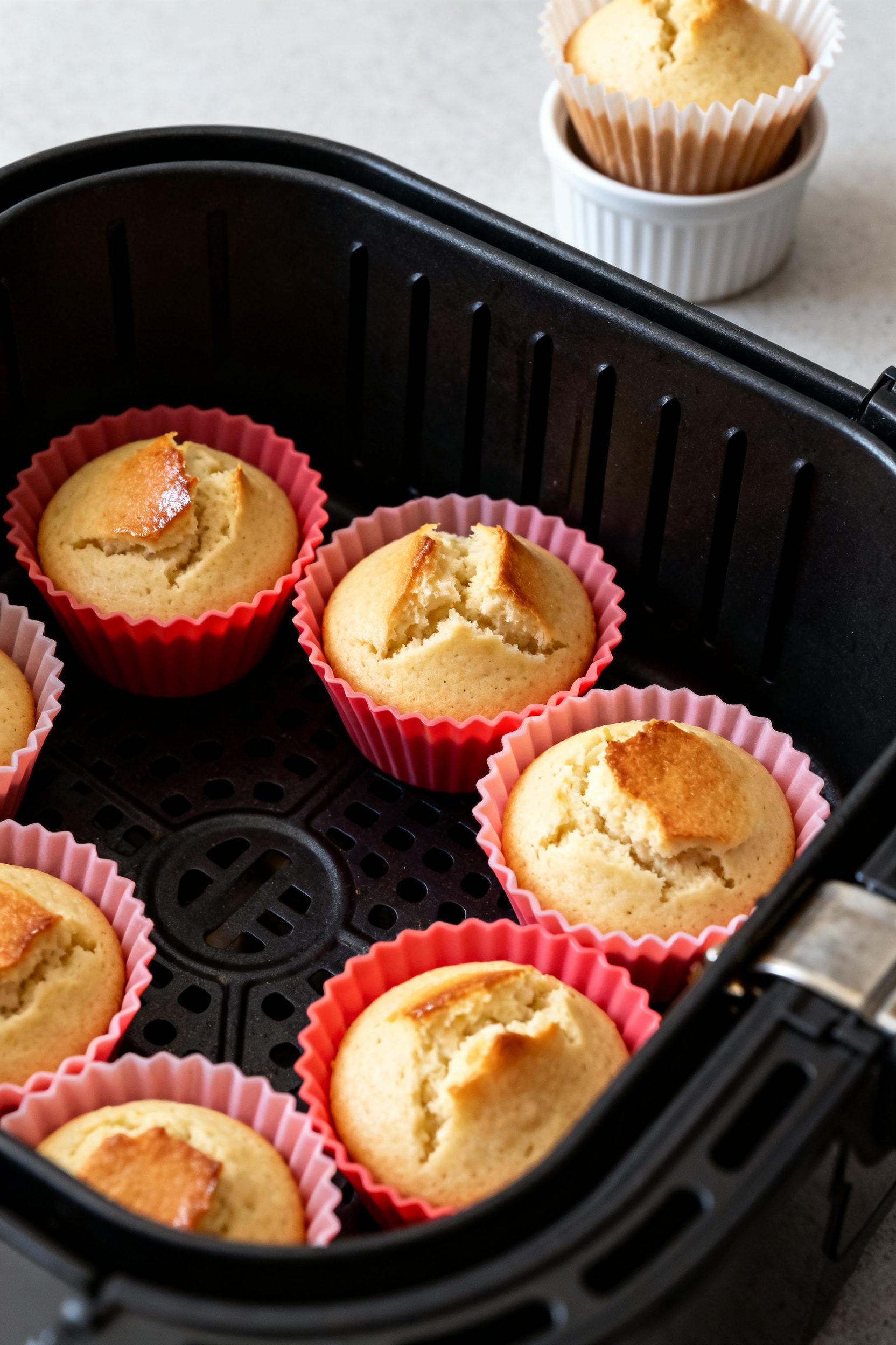 Cooking process close-up: Silicone-lined cupcake cups arranged with space in an air fryer basket at 