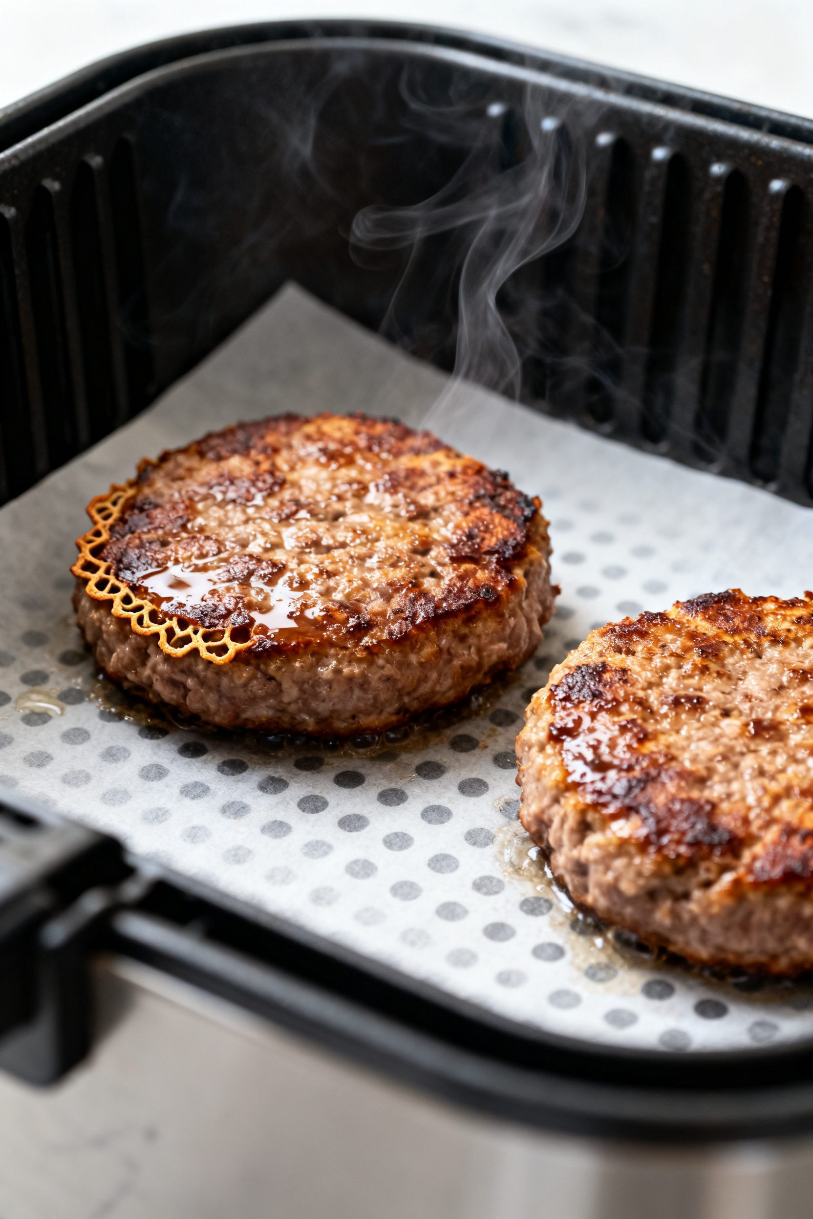 Cooking process close-up: Two Impossible Burger patties sizzling in a preheated air fryer basket at 