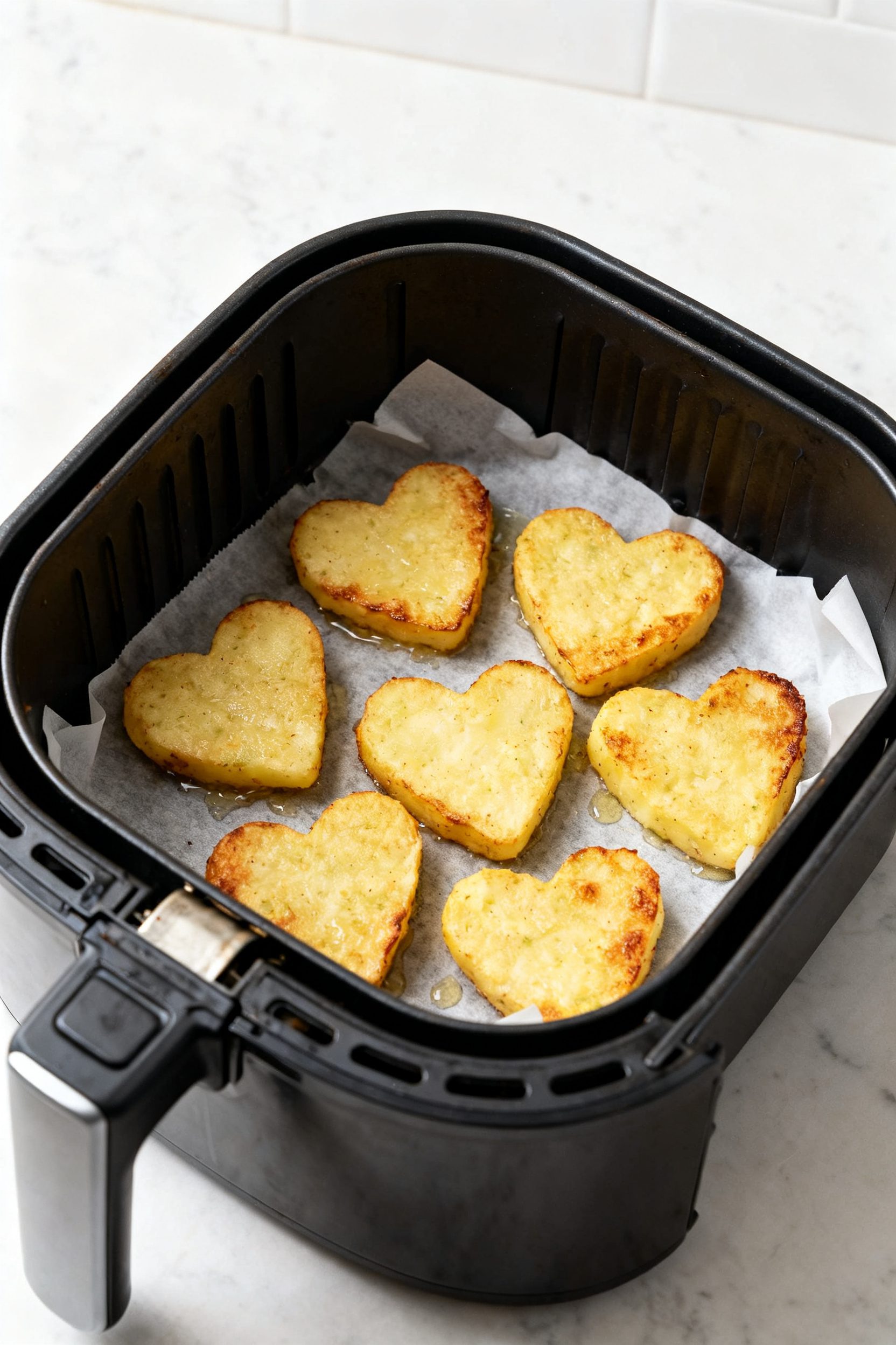 Cooking process: Heart-shaped potato patties arranged in a single layer in an air fryer basket mid-c