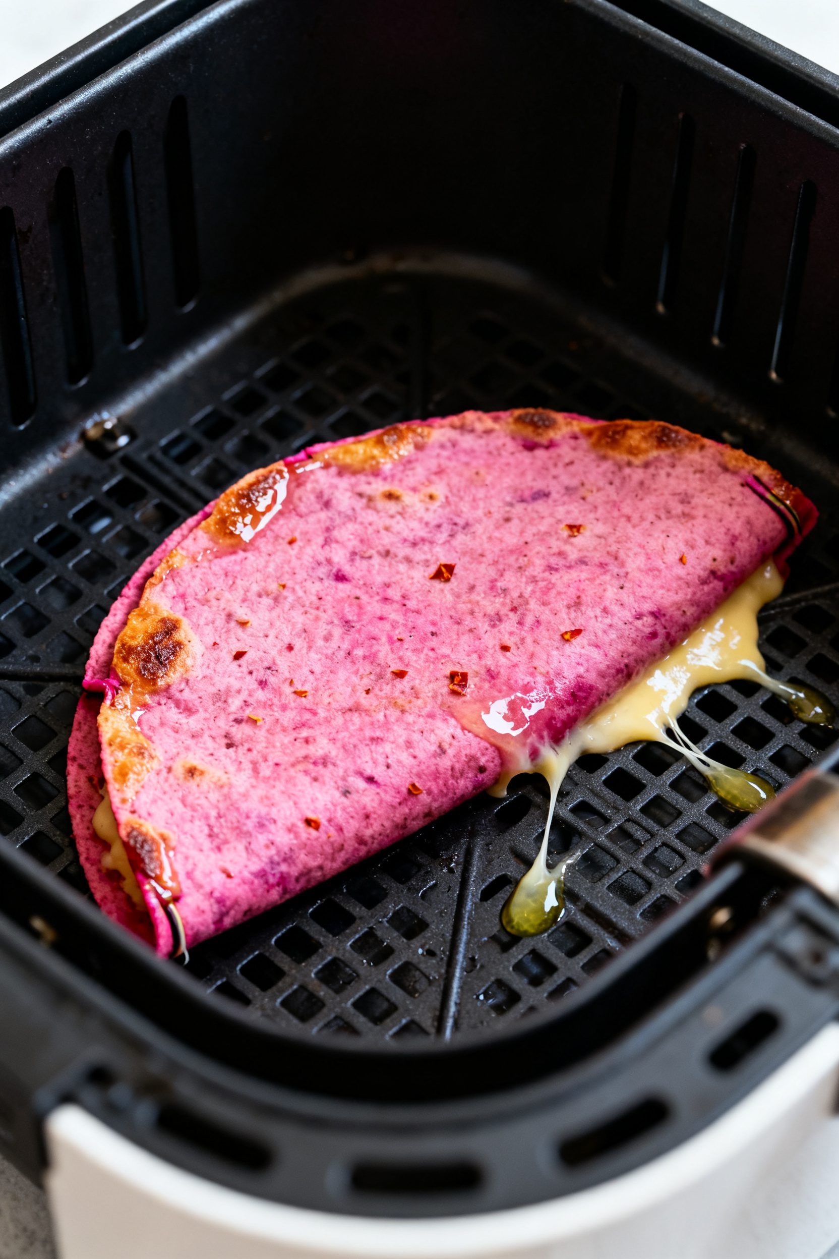 Cooking process, mid-air-fry: A half-moon pink beet tortilla quesadilla in an open air fryer basket