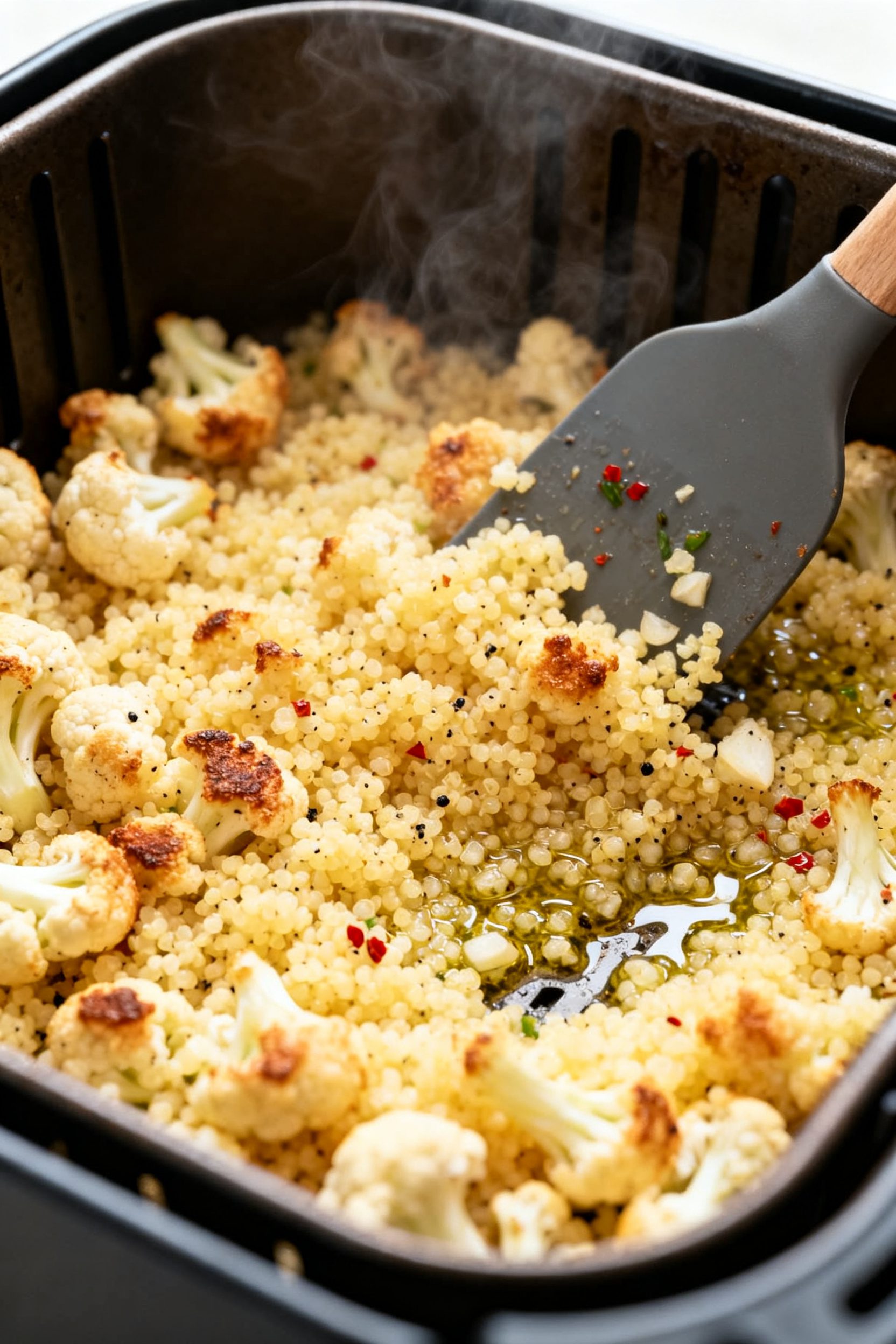 Cooking process, mid-air-fry: Close-up of golden, toasty-edged cauliflower rice in an open air fryer