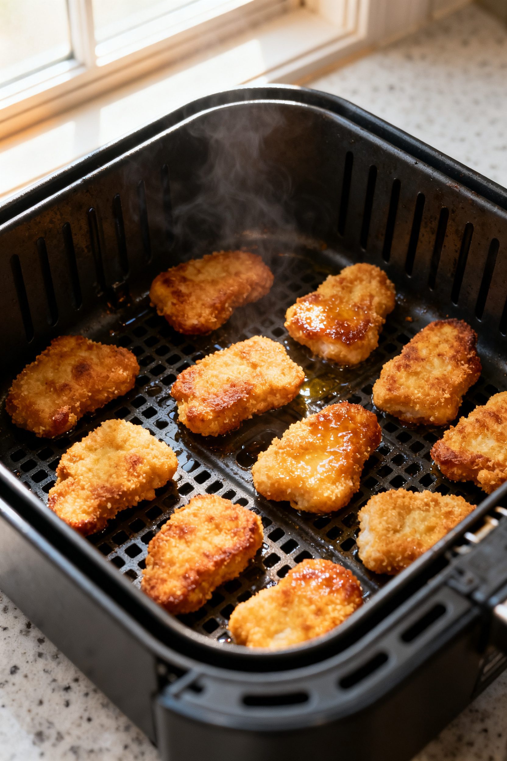 Cooking process: Mid-batch in the air fryer at 390°F—single layer of coated nuggets spaced apart