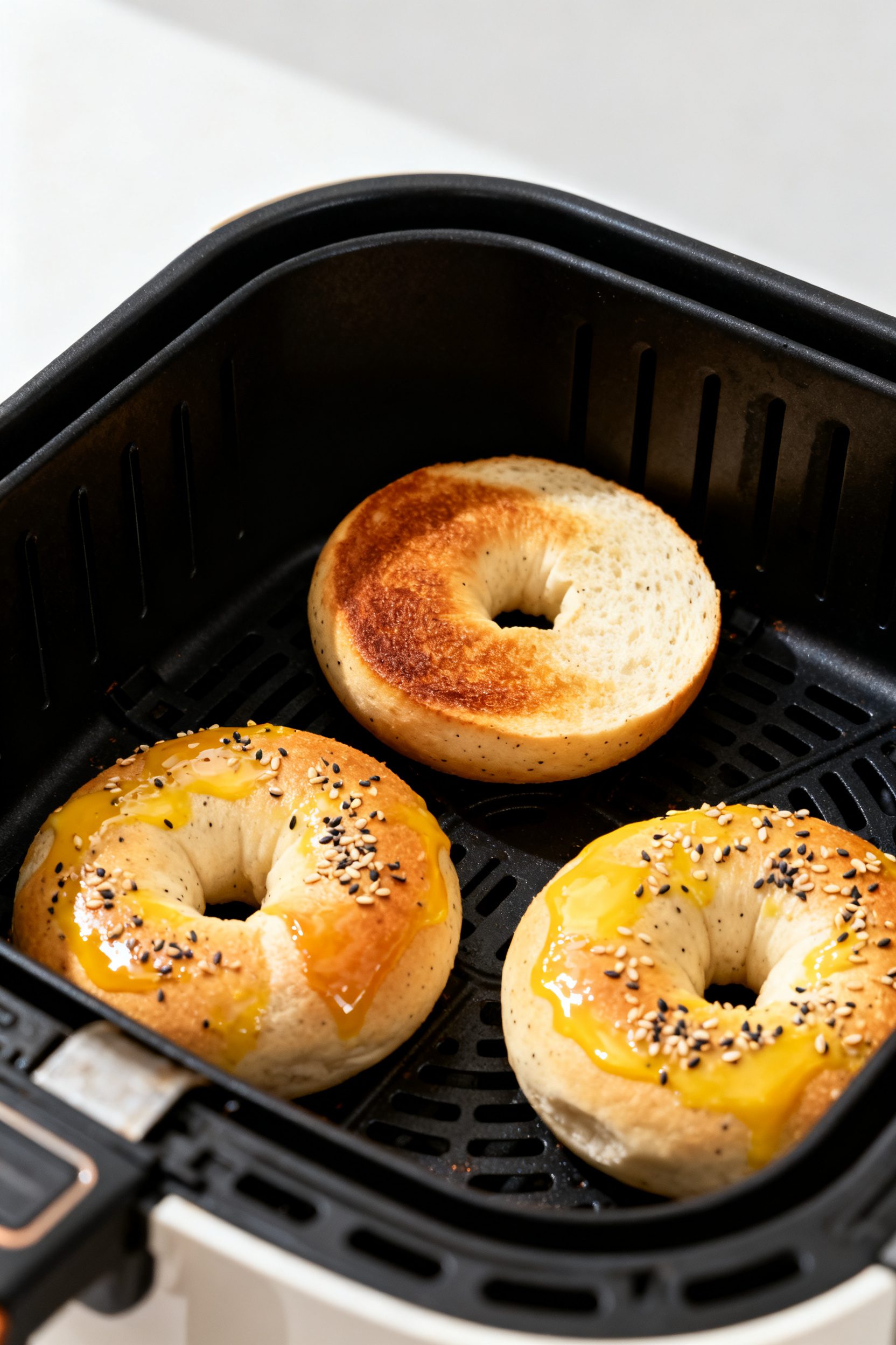 Cooking process: Mid-cook action shot inside an air fryer basket showing three shaped bagels at the