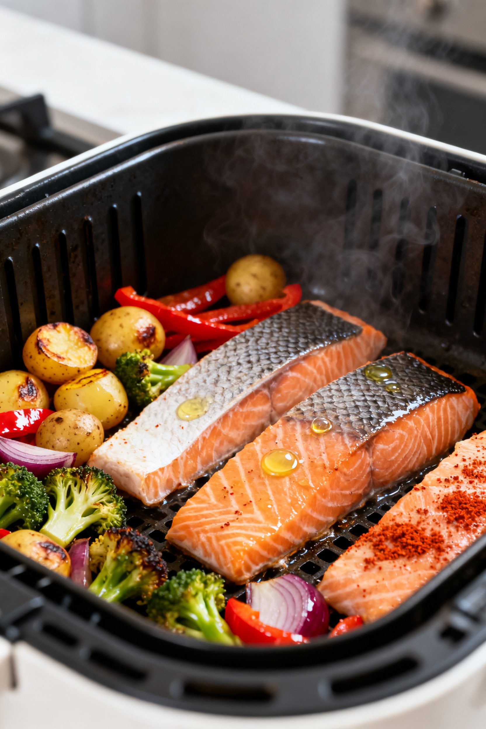 Cooking process, mid-cook in air fryer: Close-up of salmon fillets skin-side down nestled in an air 