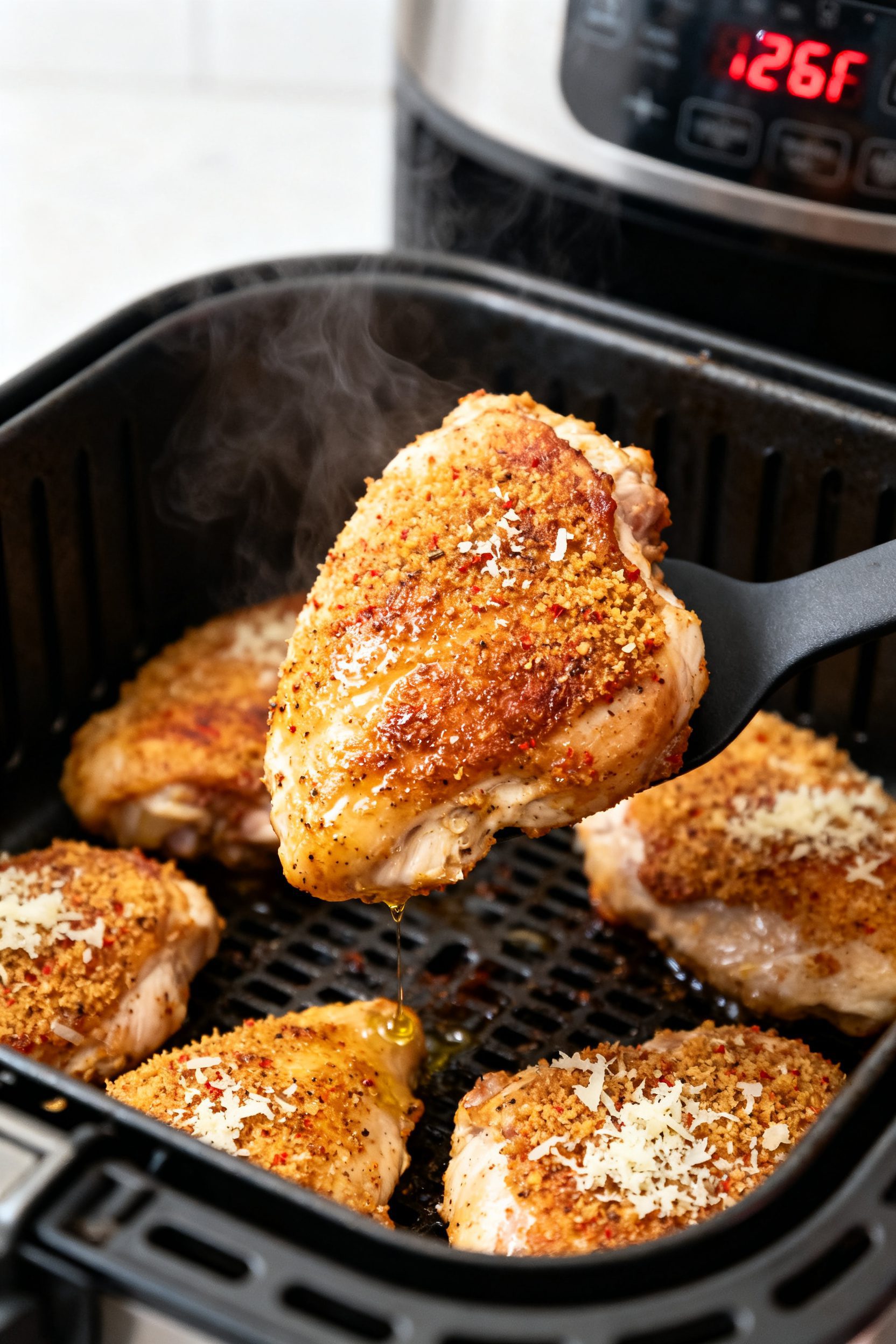 Cooking process: Mid-cook scene in the air fryer—single layer of evenly coated chicken thighs flip