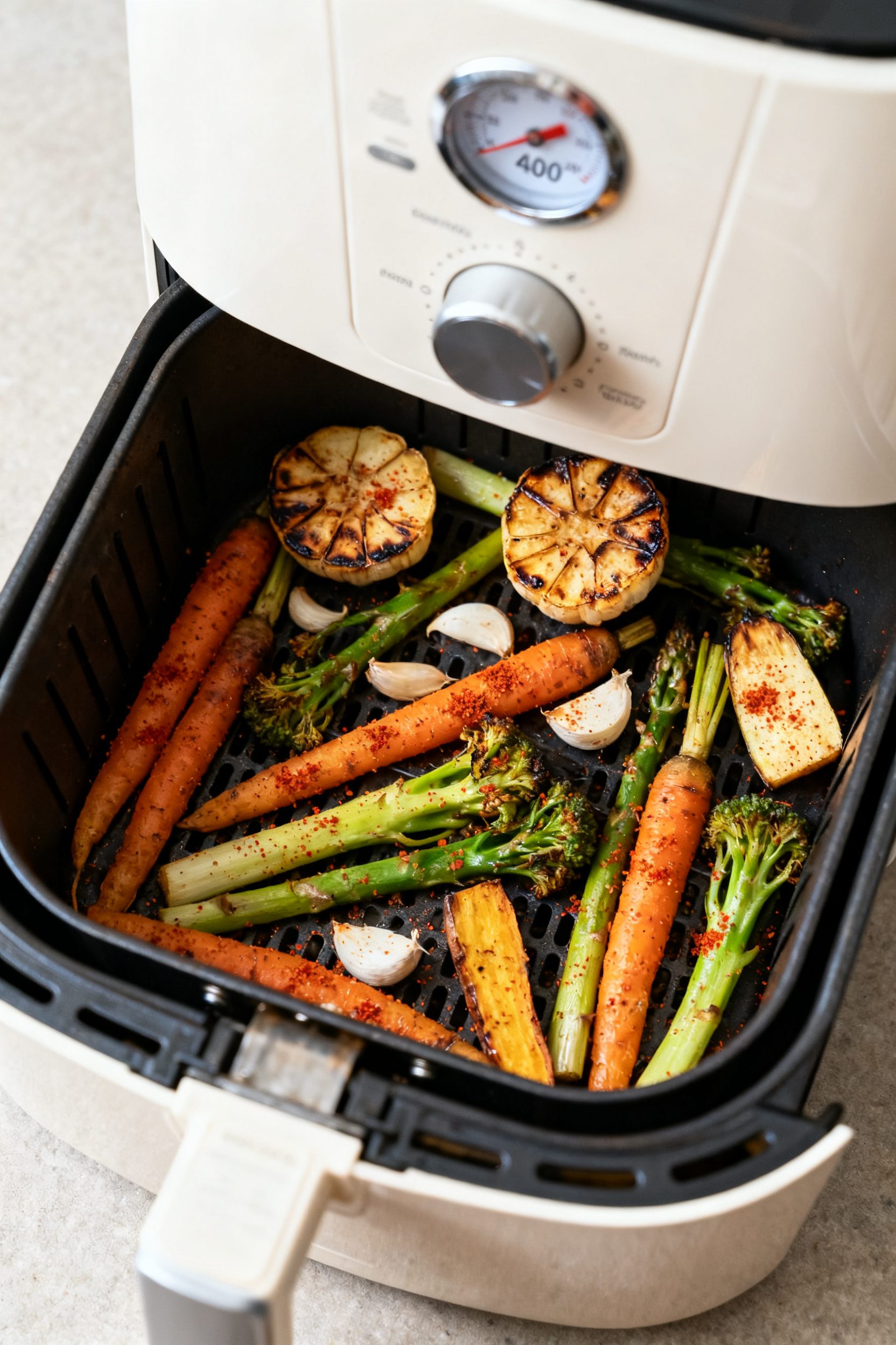 Cooking process: Mid-cook scene inside an open air fryer basket at 400°F—vegetables arranged in a
