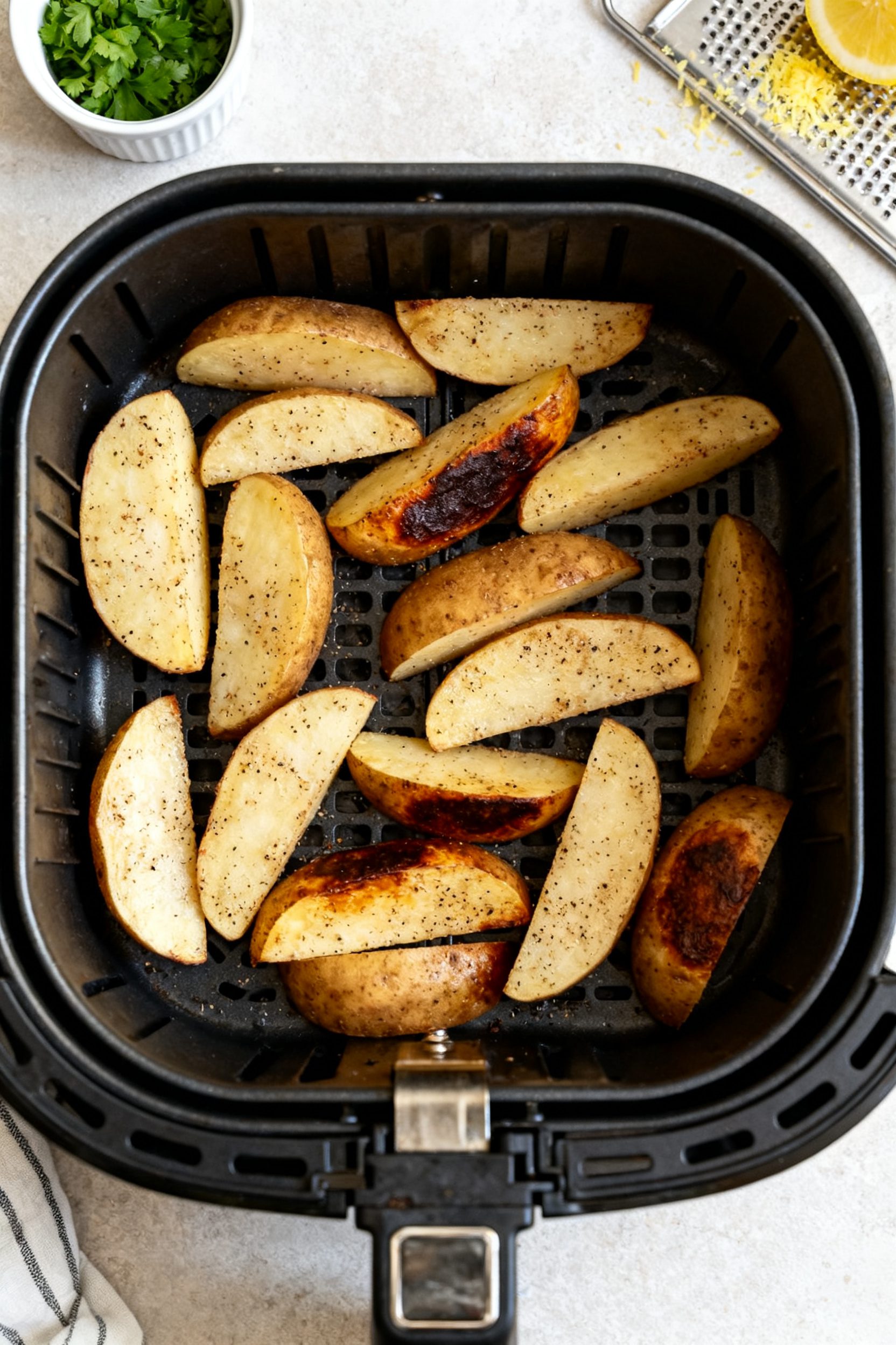 Cooking process: Mid-shake action in the air fryer—seasoned russet potato wedges in a single layer