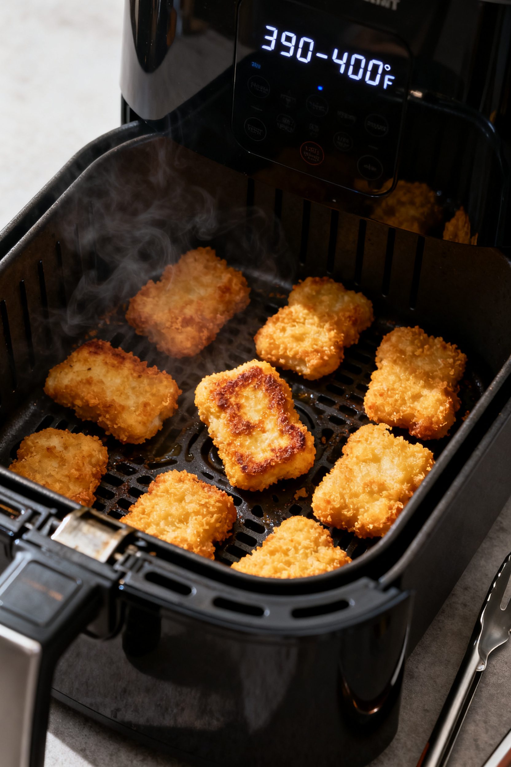 Cooking process: Nuggets mid-cook in an air fryer basket, arranged in a single layer with space betw