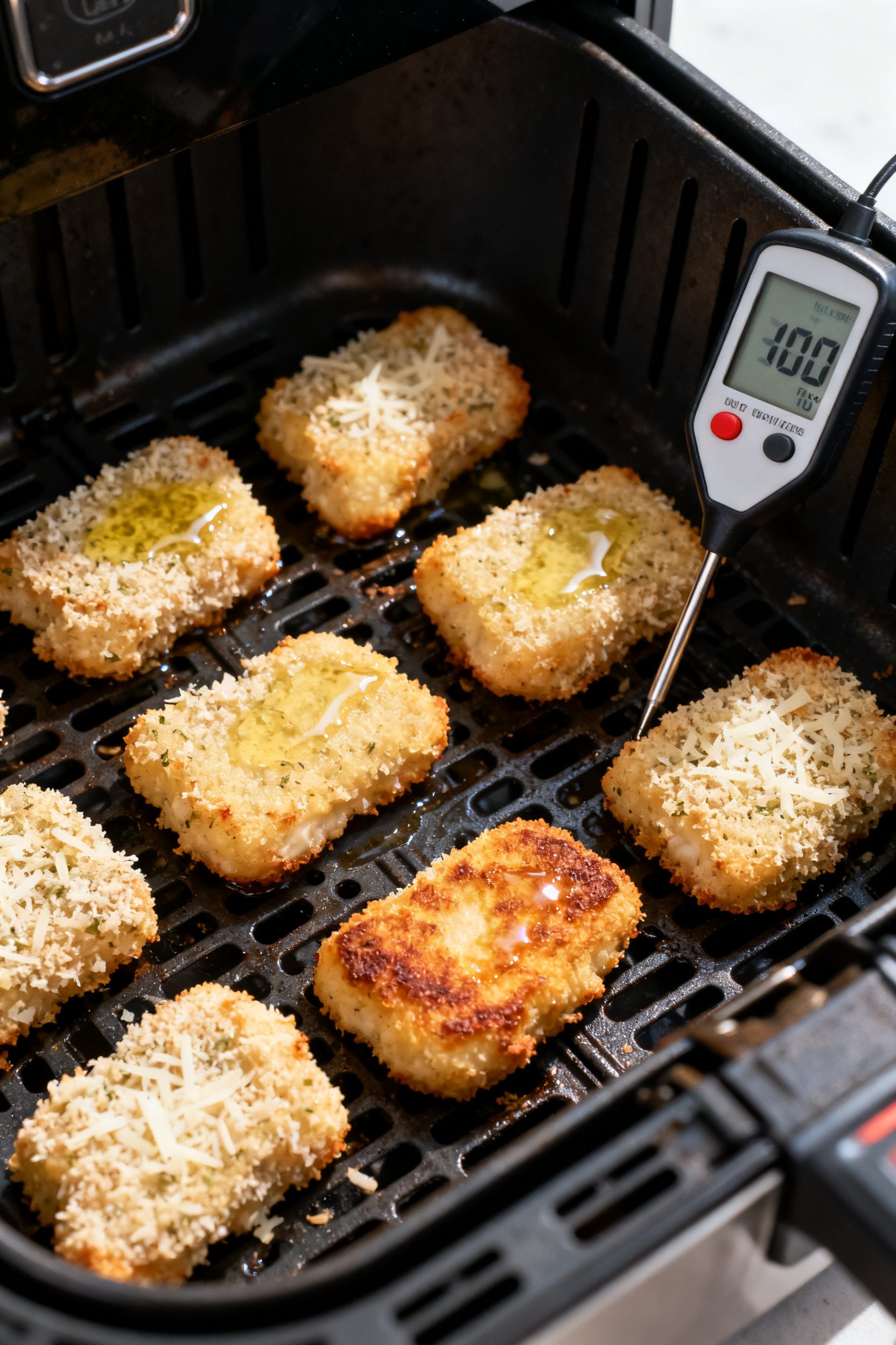 Cooking process: Nuggets mid-cook in an air fryer drawer at 400°F, arranged in a single layer with 