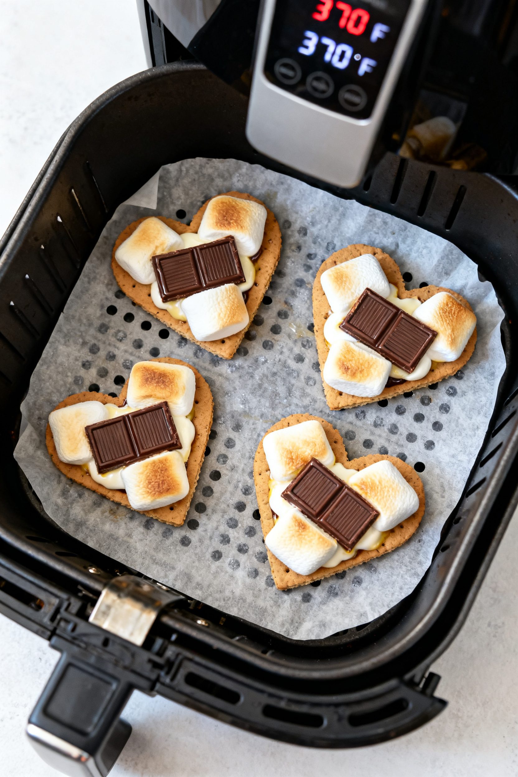 Cooking process: Open-faced heart s’mores in the air fryer mid-cook, overhead angle showing even s