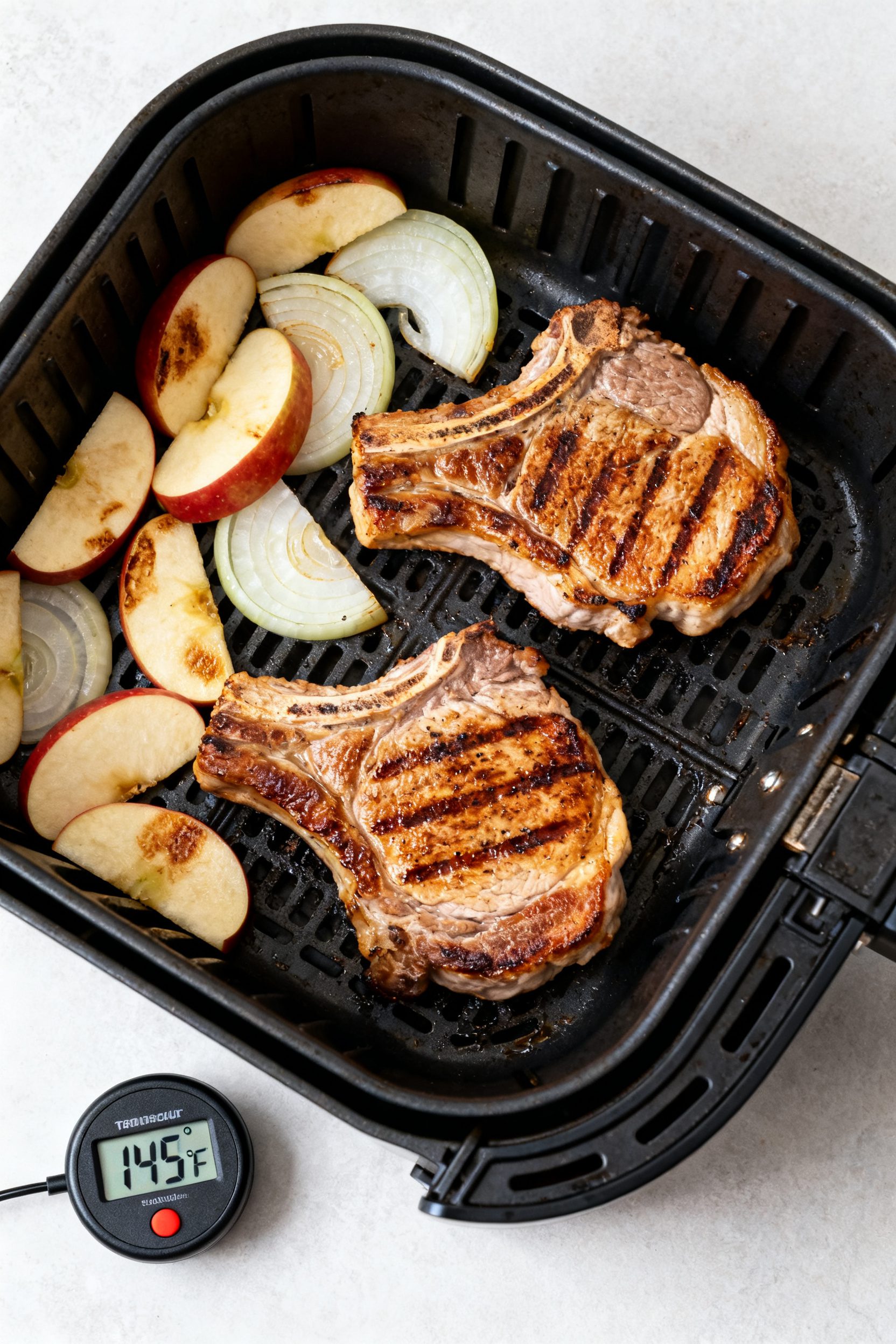 Cooking process: Overhead shot inside an air fryer basket mid-cook, pork chops flipped halfway with