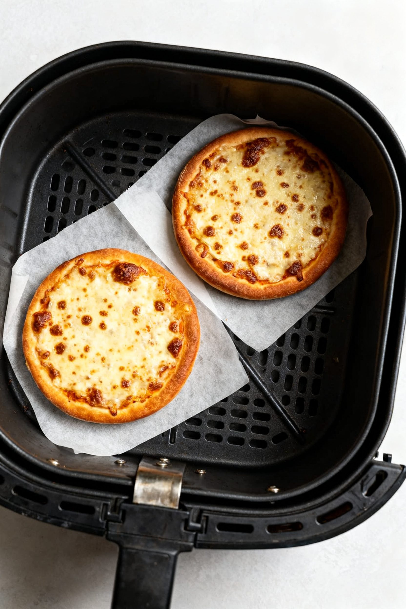 Cooking process: Overhead shot inside the air fryer basket showing two mini cheese pizzas cooking at