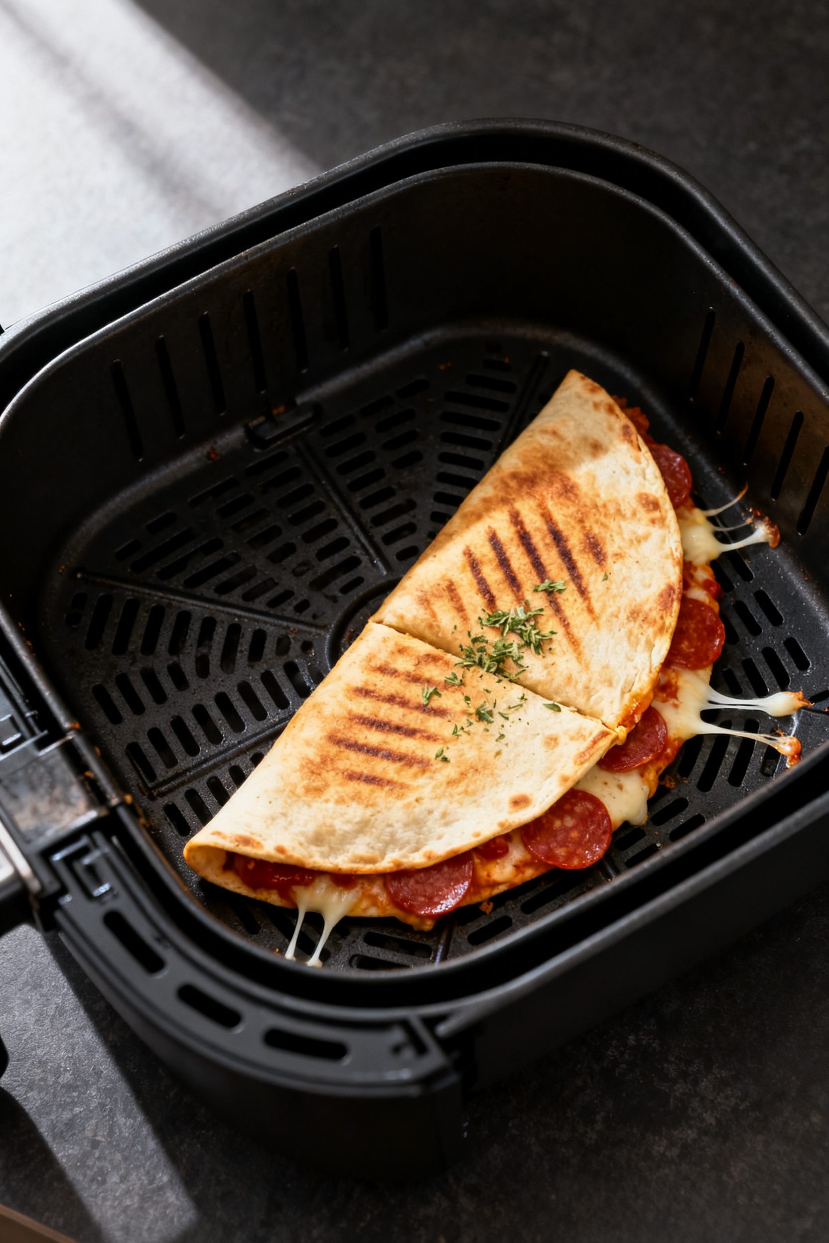 Cooking process: Overhead shot of a half-moon pepperoni pizza quesadilla mid-cook in an air fryer ba
