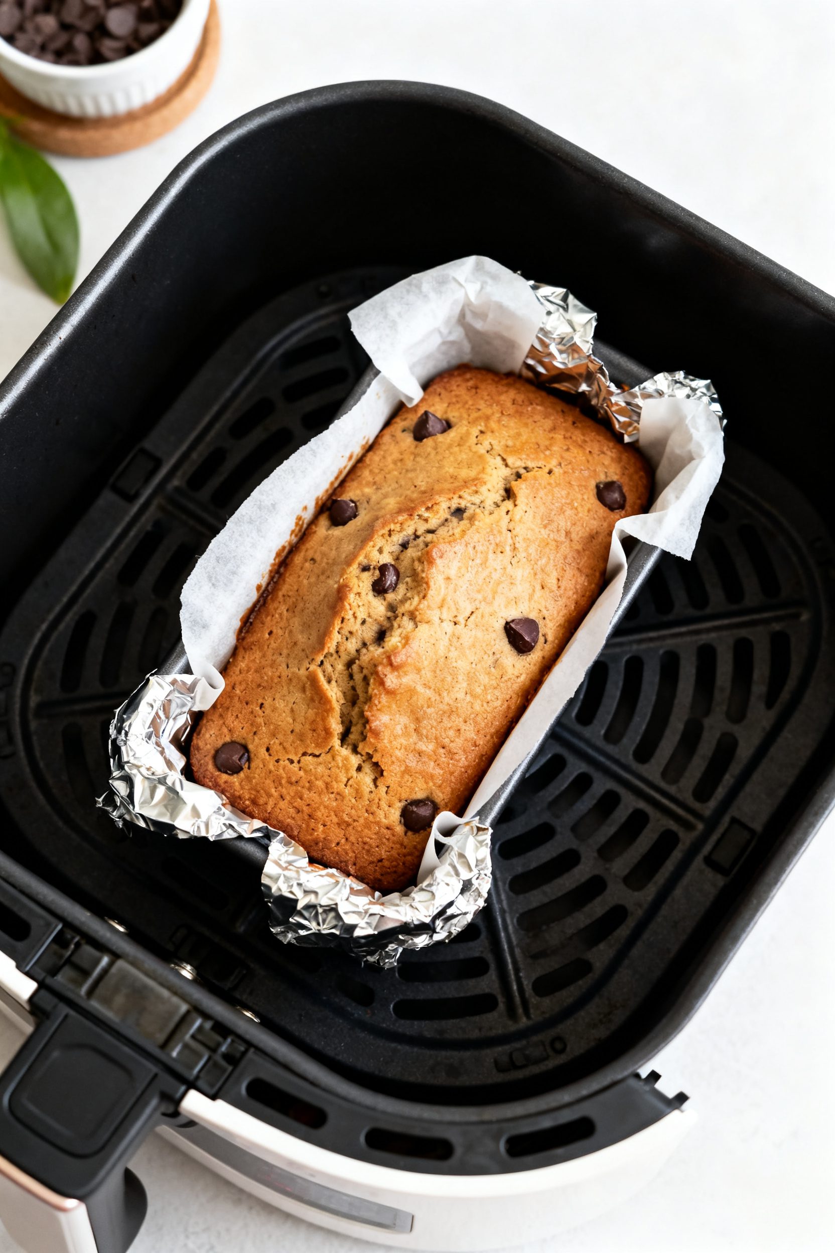 Cooking process: Overhead shot of a parchment-lined small loaf pan set in an air fryer basket mid-ba
