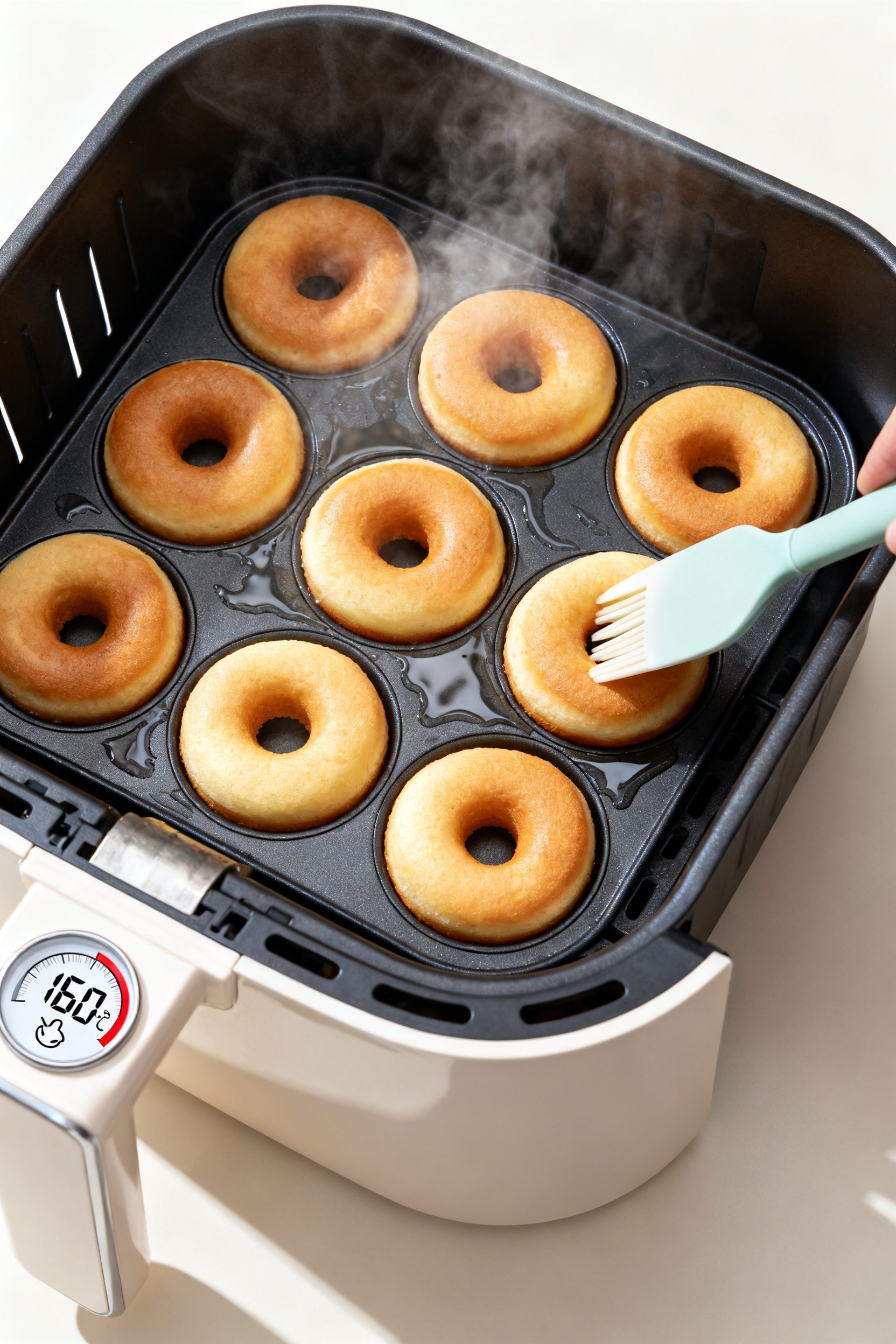 Cooking process: Overhead shot of a silicone donut pan inside an open air fryer basket at 320°F, do
