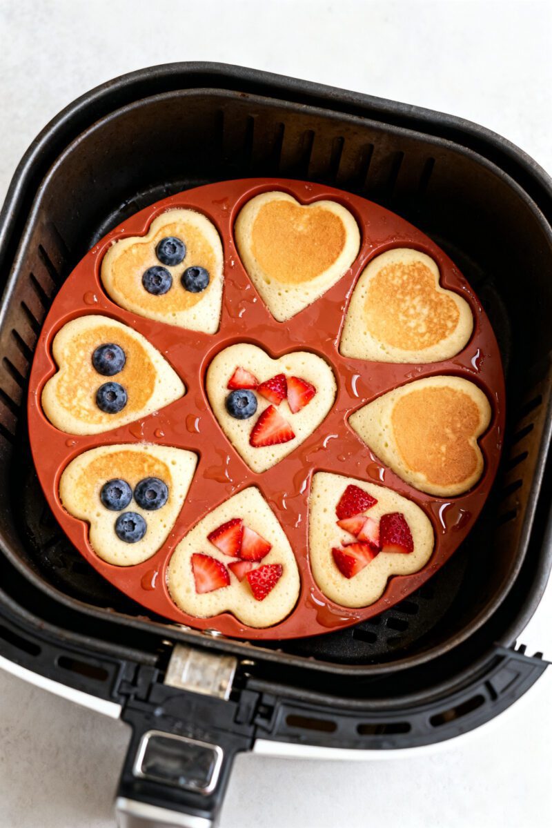 Cooking process: Overhead shot of a silicone heart-shaped mold sitting in an open air fryer basket m