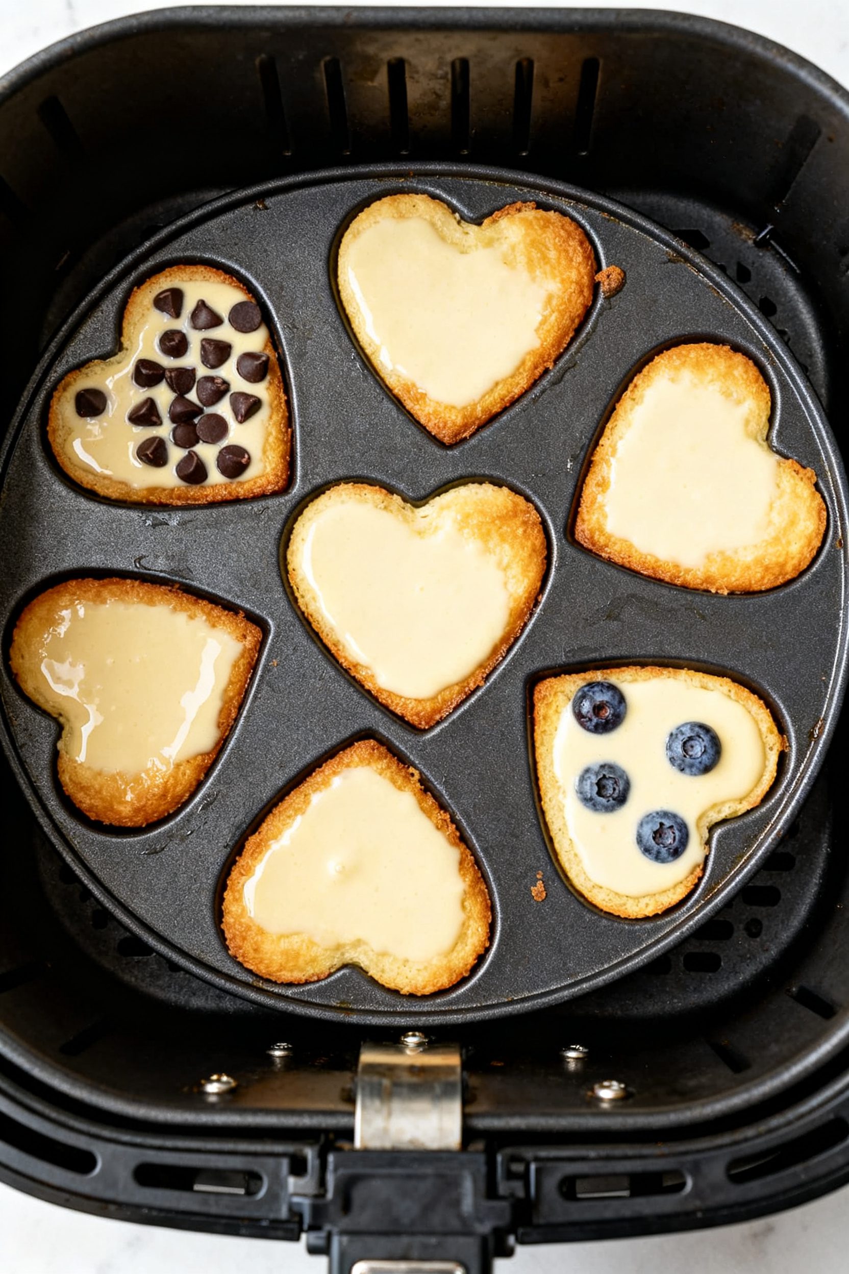 Cooking process: Overhead shot of a silicone heart-shaped mold inside an air fryer basket, hearts fi